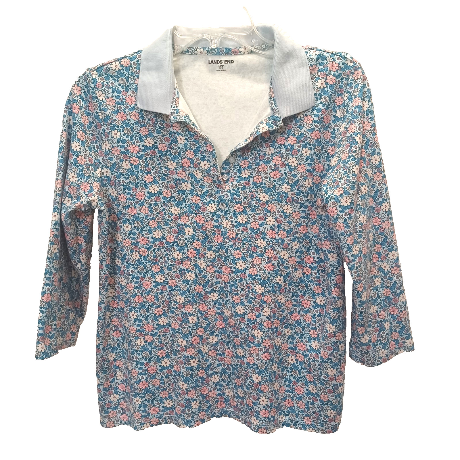 Lands’ End Womens Mp 10-12 Cotton Blue Pink White Floral 3/4 Sleeve Collared Top