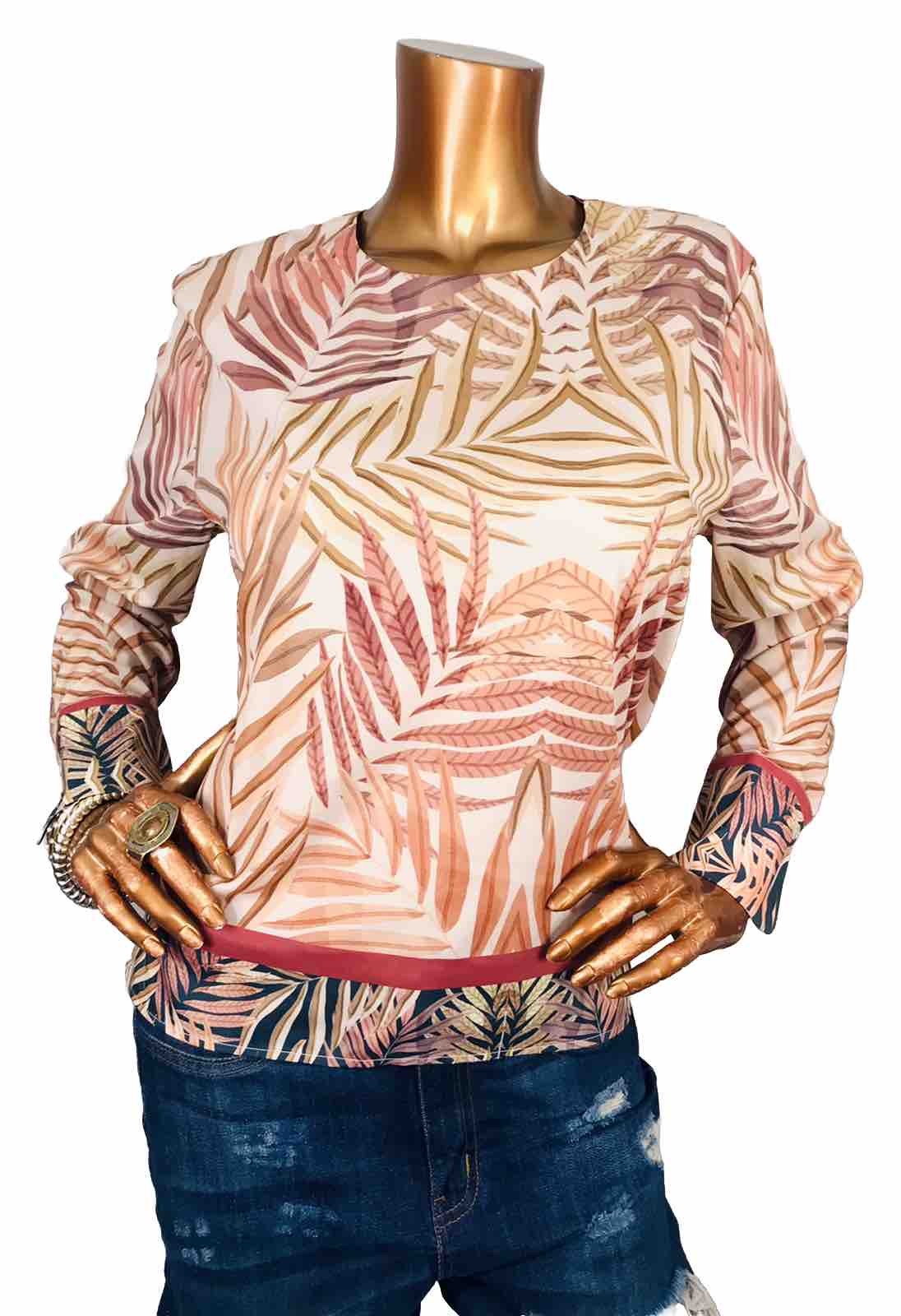 Sioni L Top Floral Leaves Prints Sheer Lite Wgt Shell Blouse Easywear Long Slvs