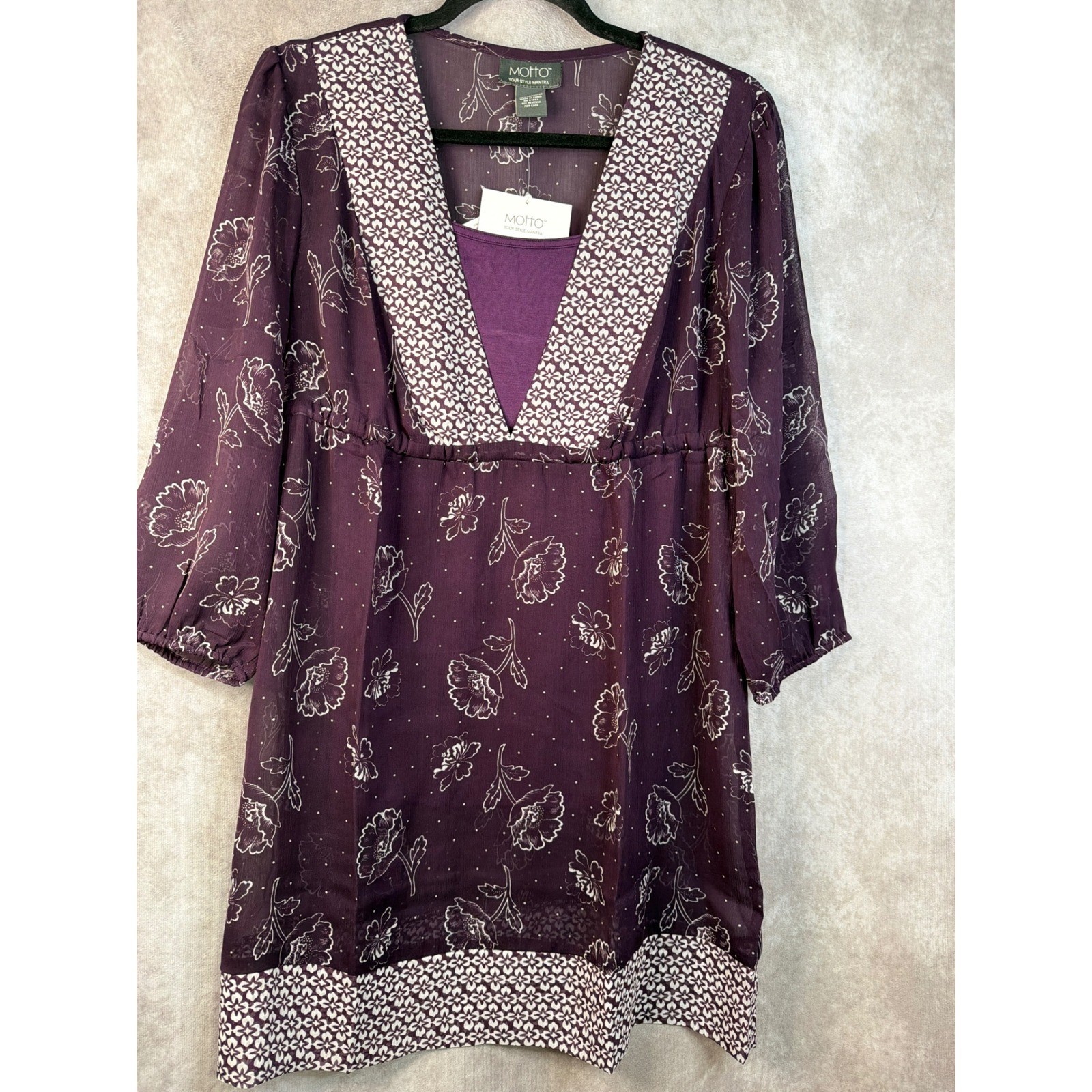 NWT MOTTO Women’s Purple Floral Sheer Tunic Top with Camisole Size Medium Boho