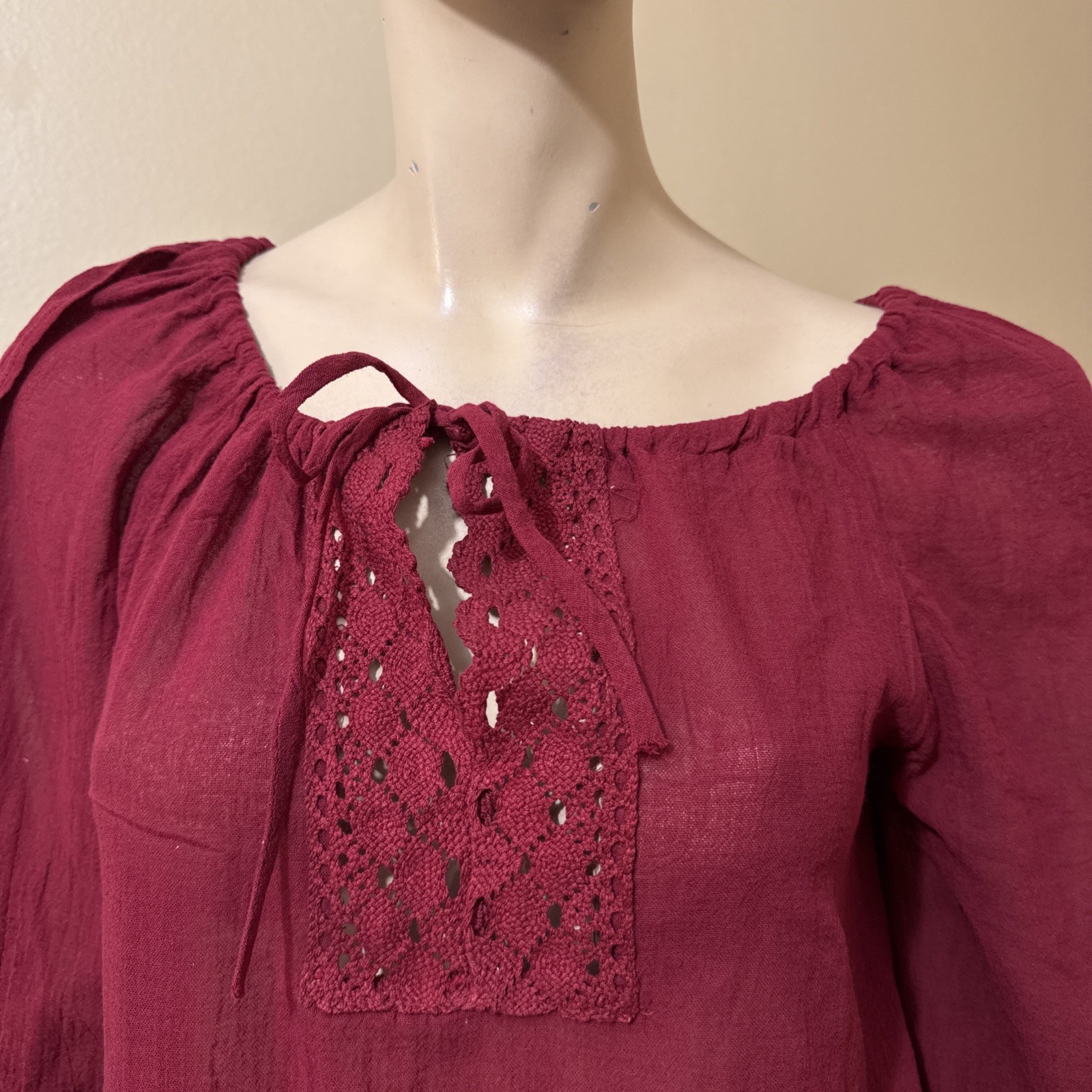 Women’s Burgundy Cotton Casual Boho Lace Long Sleeve Slit Tied Size S Blouse Top