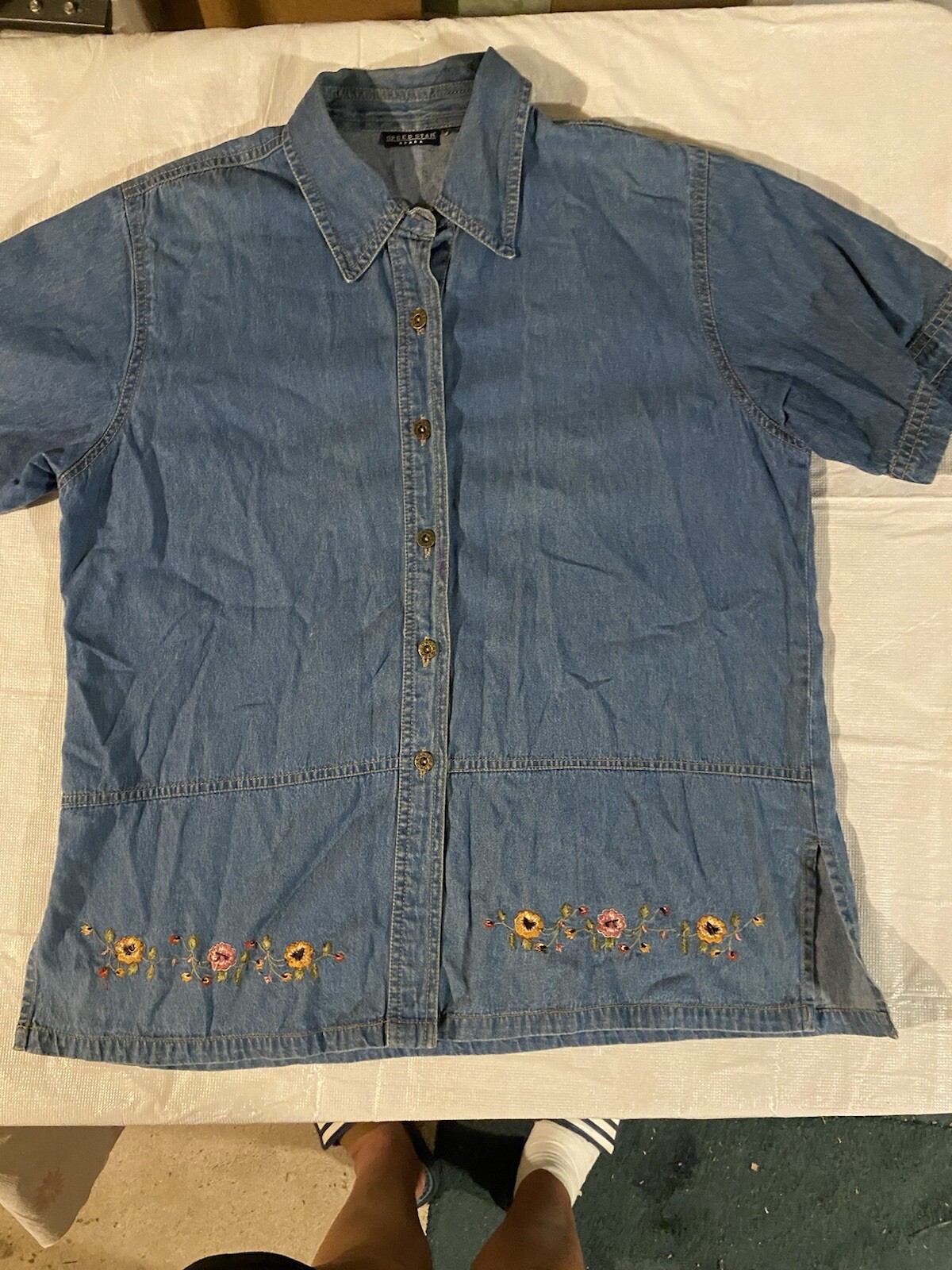 Speed Star Denim Shirt W Flowers Length 28 Inches Shoulder To Shoulder 17 In