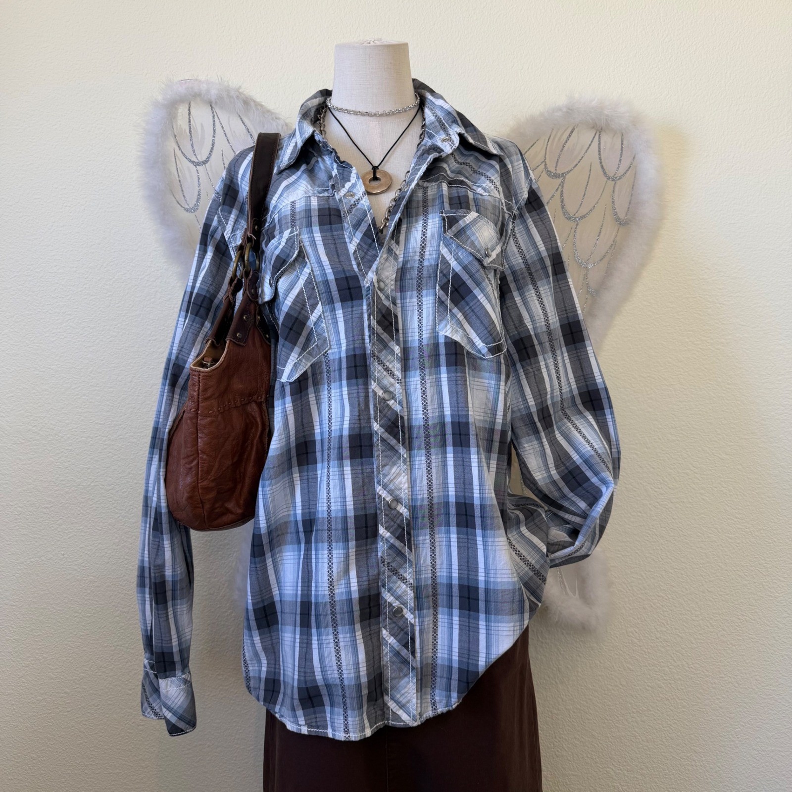 Indie Boho Grunge Plaid Long Sleeve Western Shirt Blue White Snaps Retro Dad Y2K