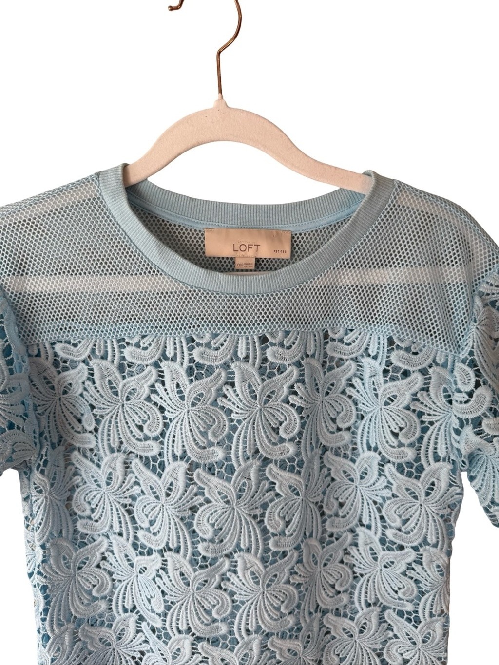 LOFT Pale Blue Lace & Mesh Short Sleeve Blouse Size XXSP Cottagecore Feminine