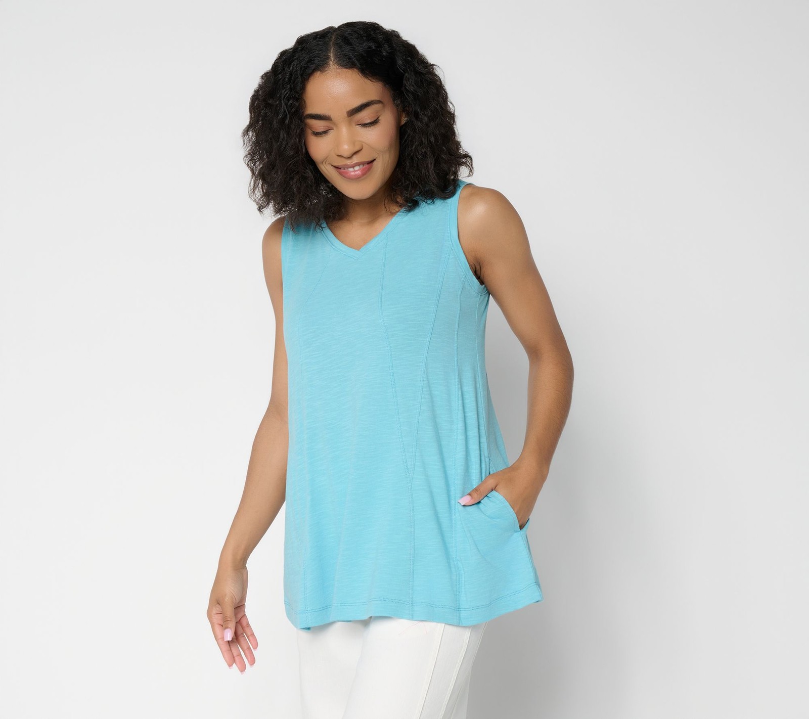 LOGO by Lori Goldstein 100% Cotton V-Neck Seamed Tank Milky Blue M New