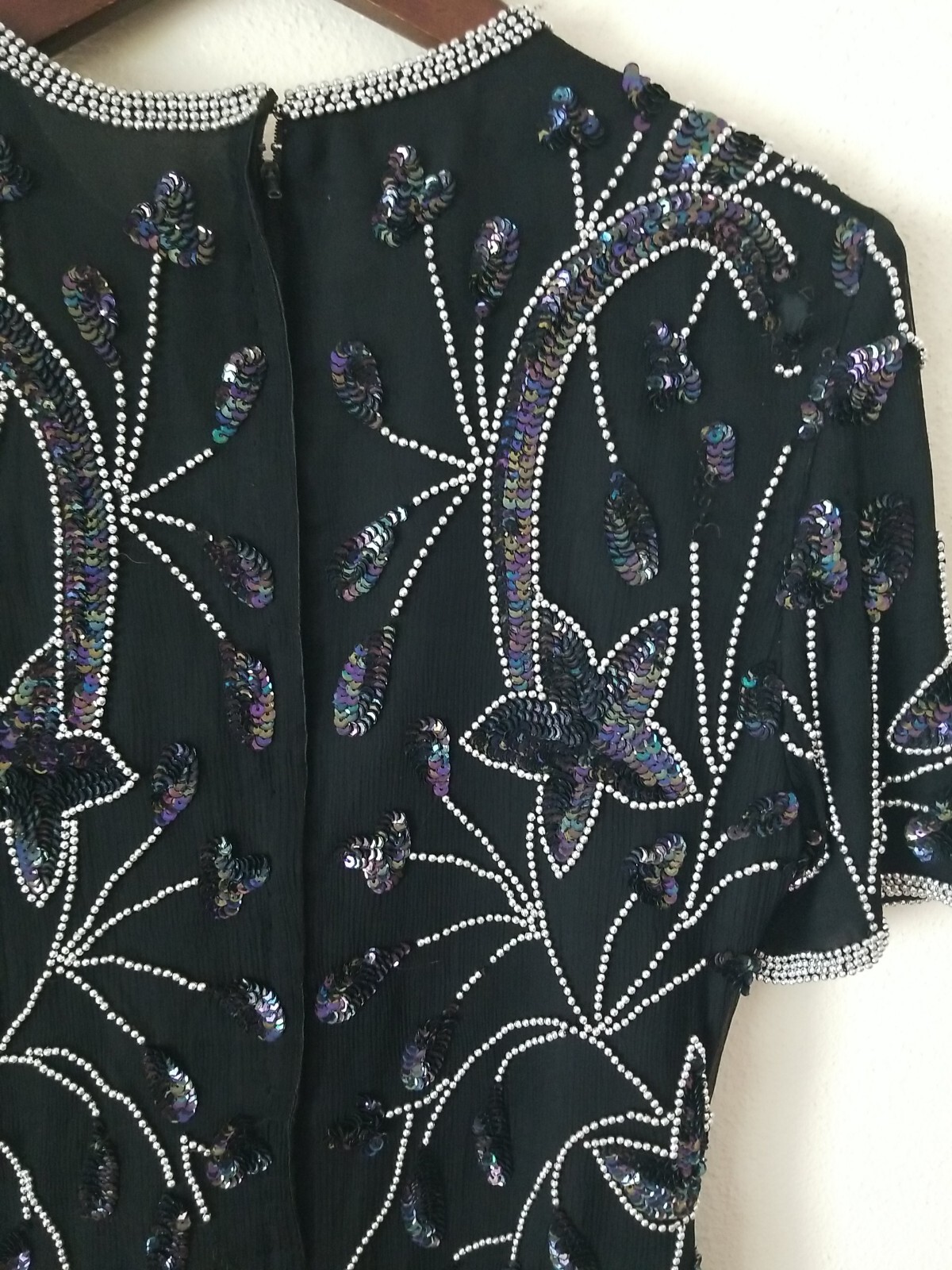 STENAY Women’s Short Sleeve Beaded w/ Sequins Black Silk Blouse Size S
