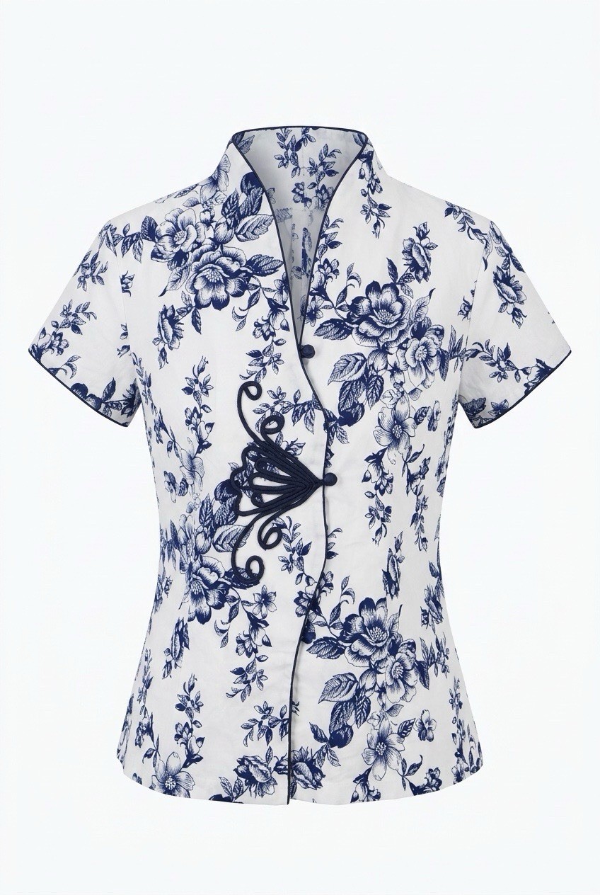 Miniye Womens L Blue White Chinoiserie Floral Blouse Mandarin Frog Closure