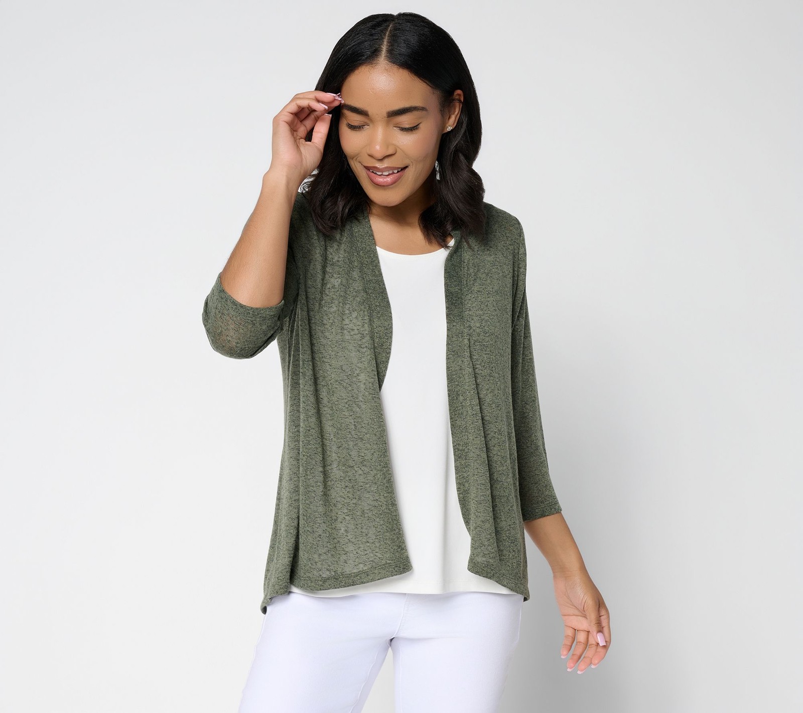 Denim & Co. Slub Knit Open Front 3/4-Sleeve Cardigan Dark Olive M New