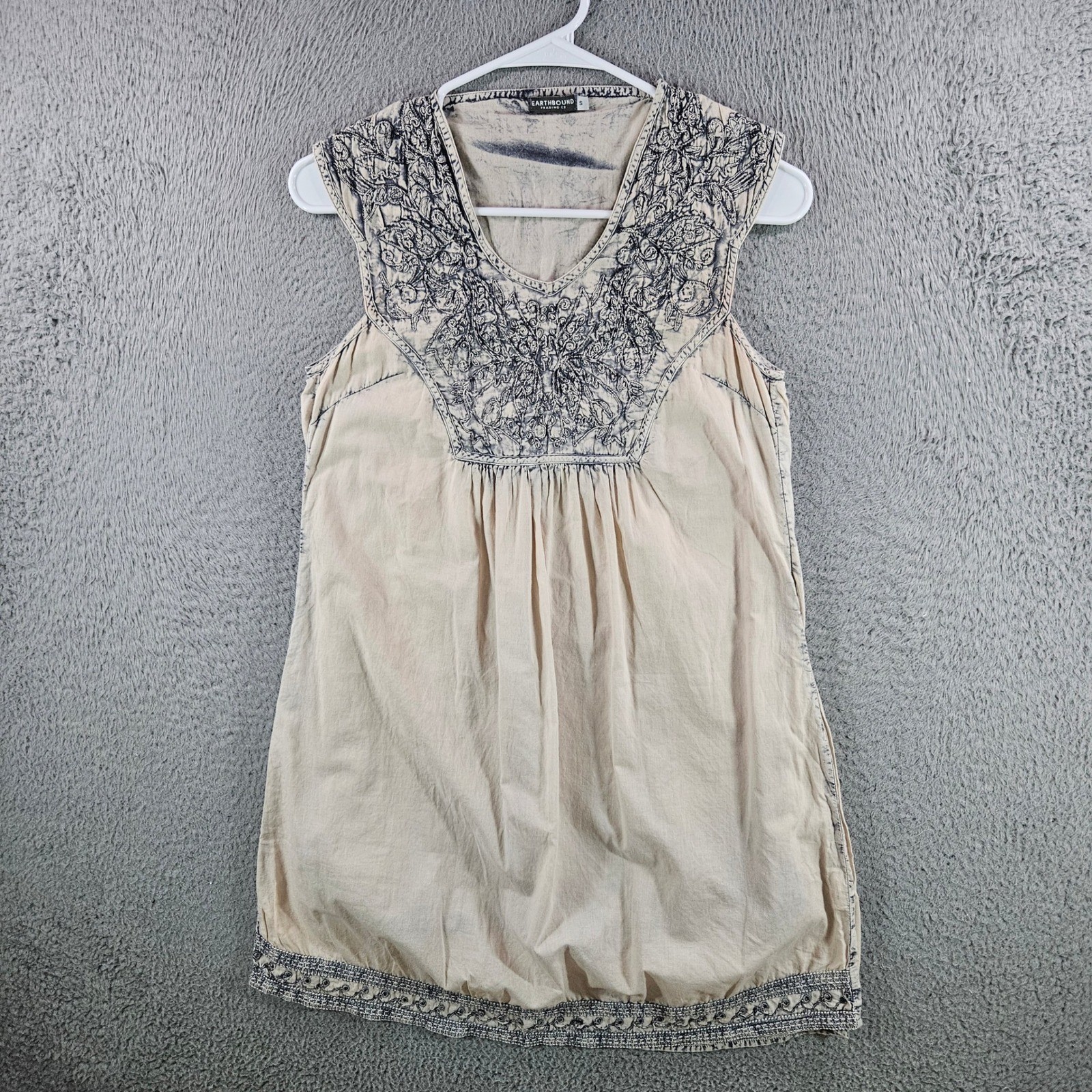 Earthbound Trading Co Womens Small Tan Embroidered Boho Cotton Sleeveless Tunic