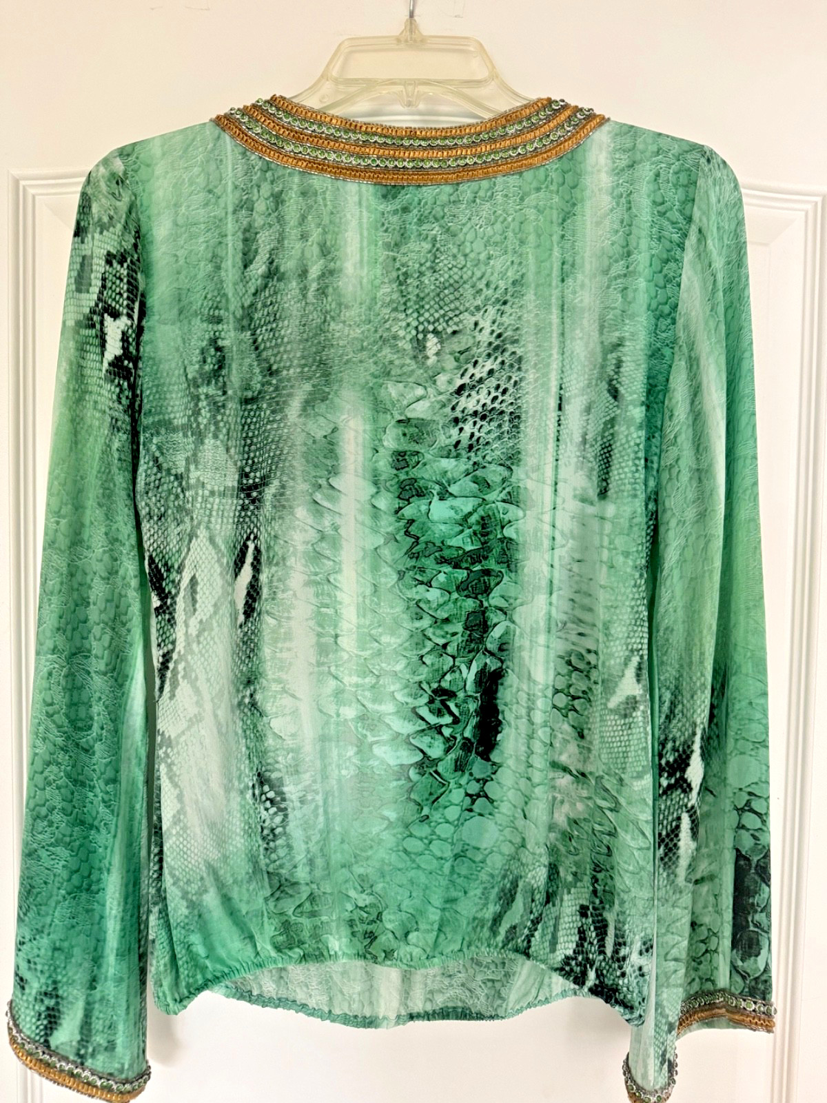 Taj By Sabrina Crippa Beaded Rhinestone Gold Green Blouse size XS