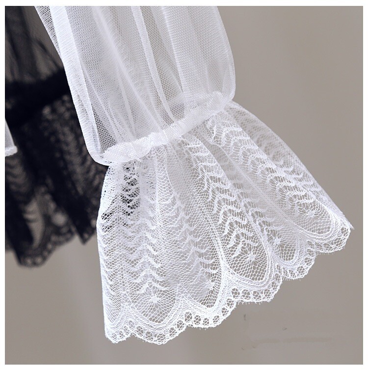 Lady Lace Shirt Tops Mesh Sheer Peter Pan Collar Blouse Lolita Flare Sleeve Thin