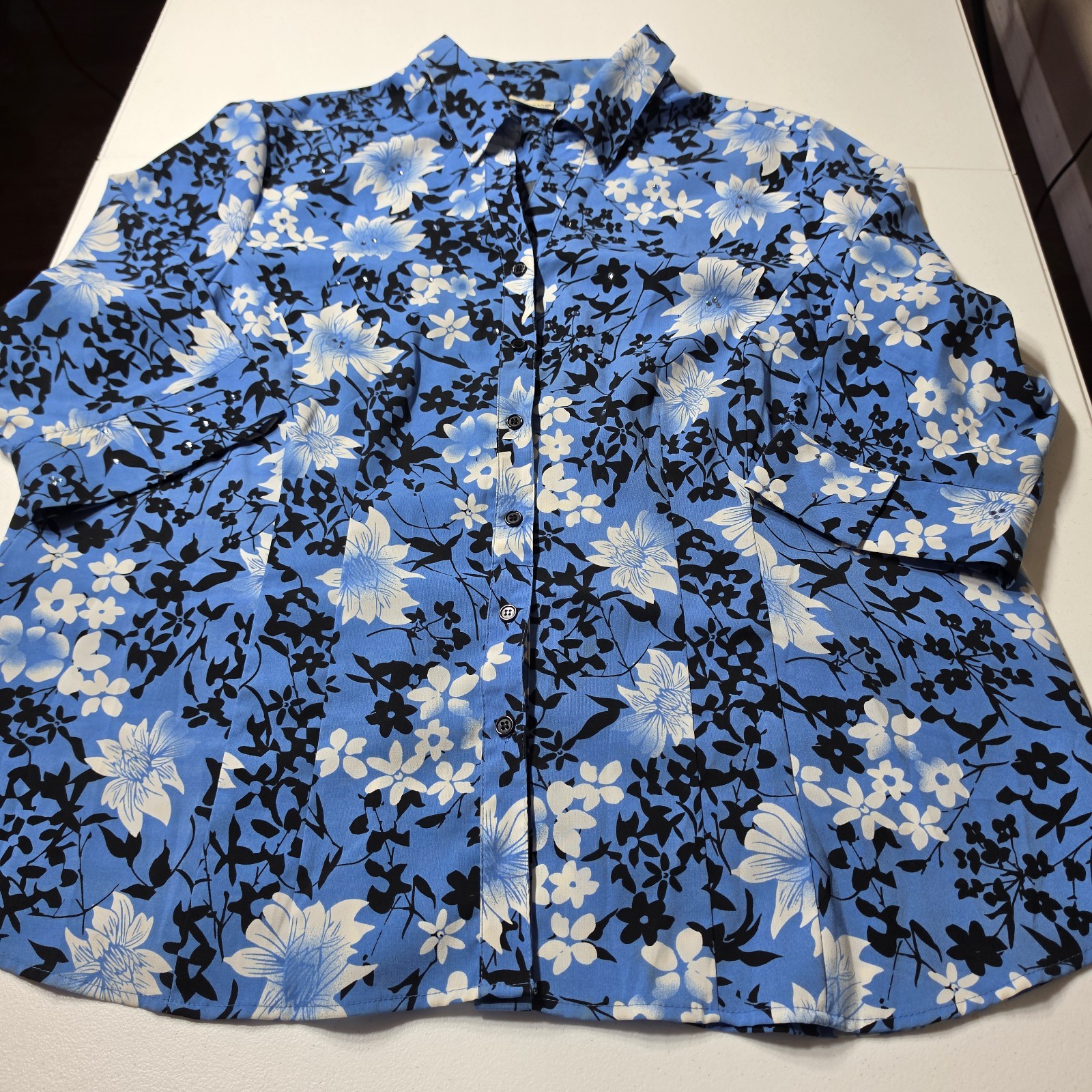 Covington Woman Plus Size 20-22W Blue Floral Button Down Blouse Rhinestone