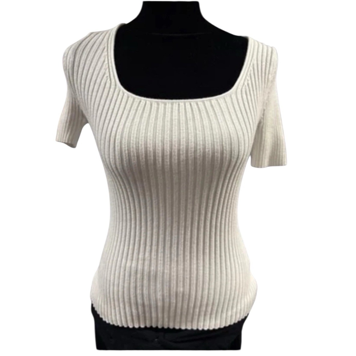 Zesica Cream Ribbed Knit Top Square Neck S Basic Stretch Beige Ivory Bodycon