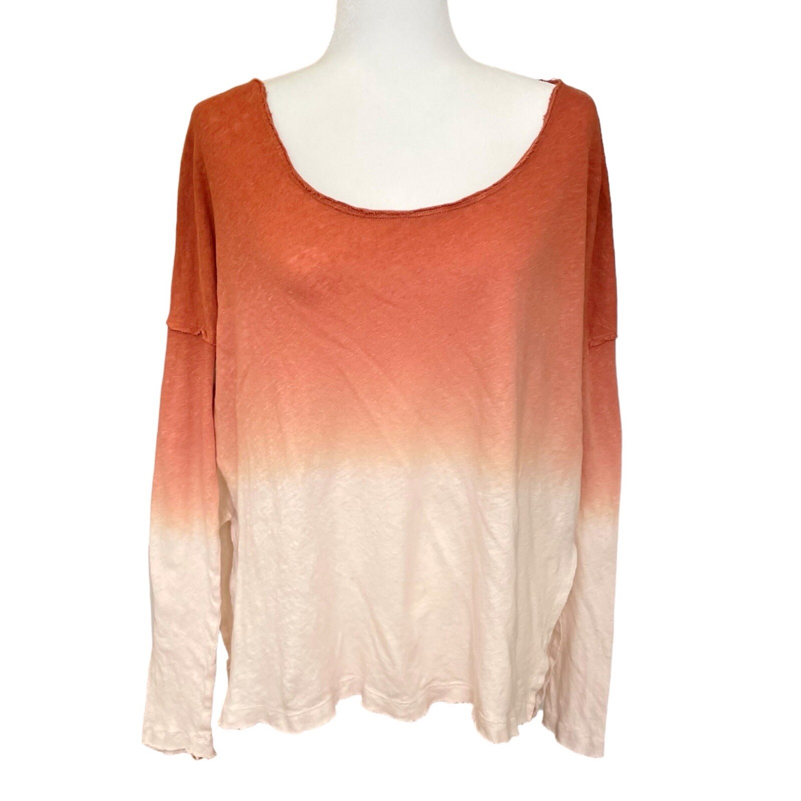 We The Free Free People Raw Edge Scoop Neck Ombre Top Orange Linen Blend P/S