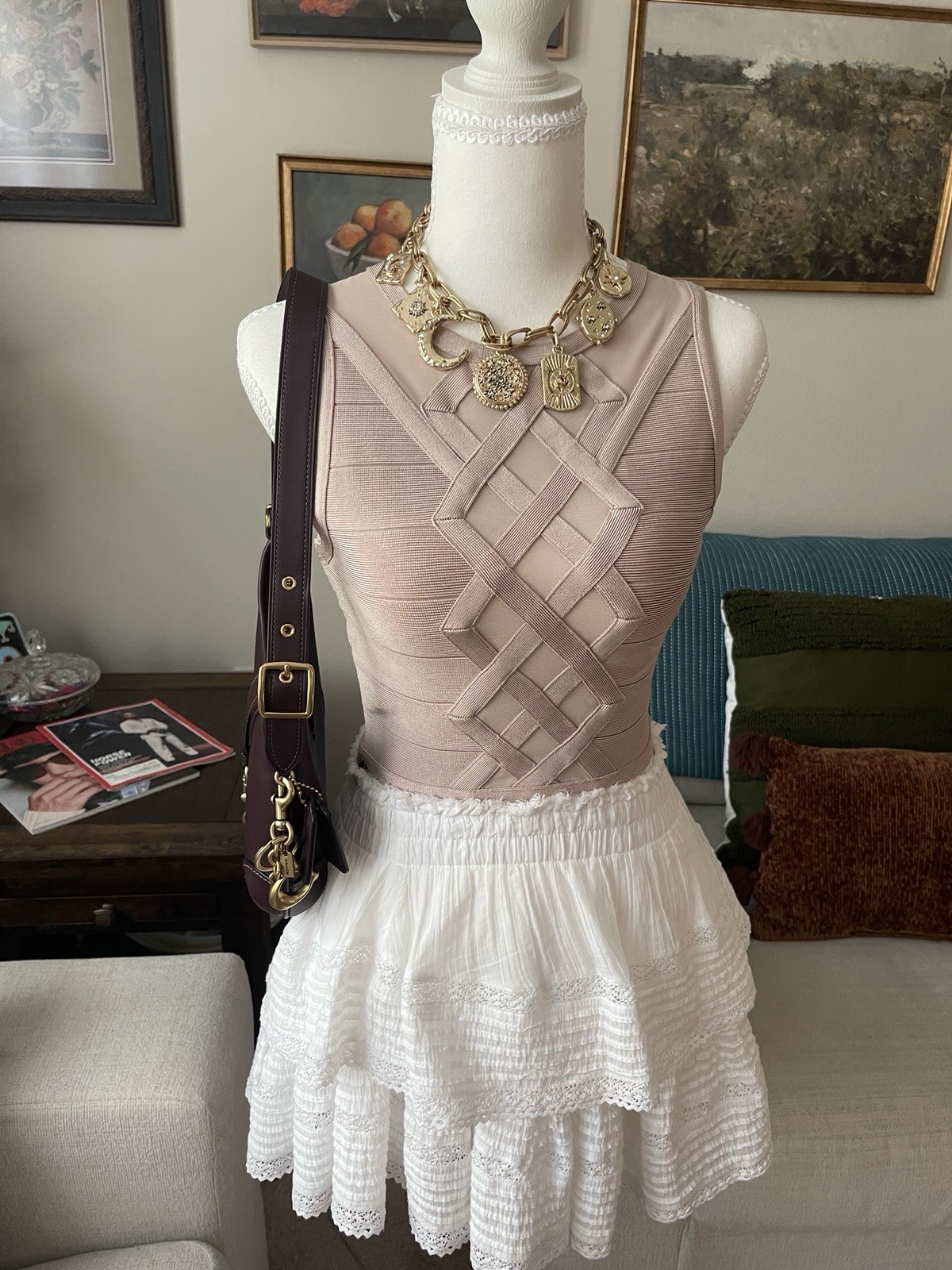 bebe XS Champagne Y2K Sleeveless Bandage Knit Cropped Top Mesh Zip Back 2000s