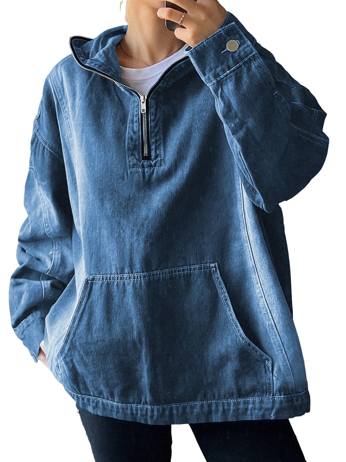 Women’s Half Zip Denim Hoodie Pullover Sweatshirt Jean Jacket with Pocket Dar…