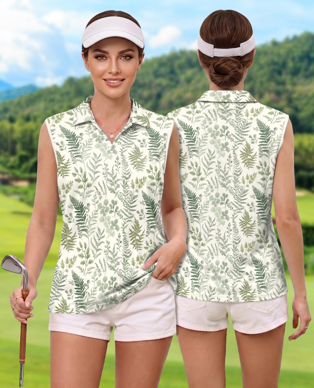 Botanical Fern Women’s Sleeveless Performance Polo Shirt Floral Golf Tennis