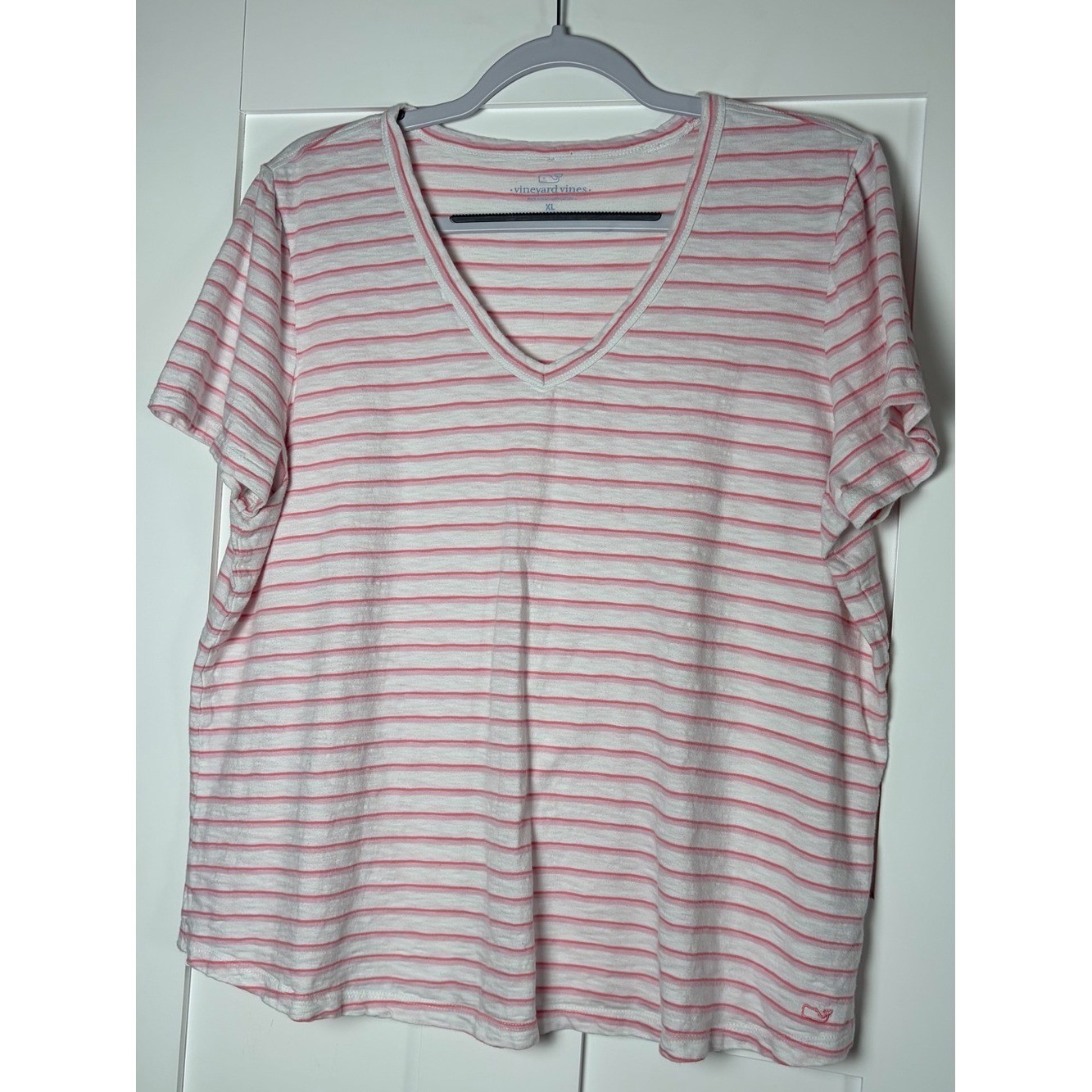 Vineyard Vines White and Pink Striped V-Neck Short Sleeve Tee