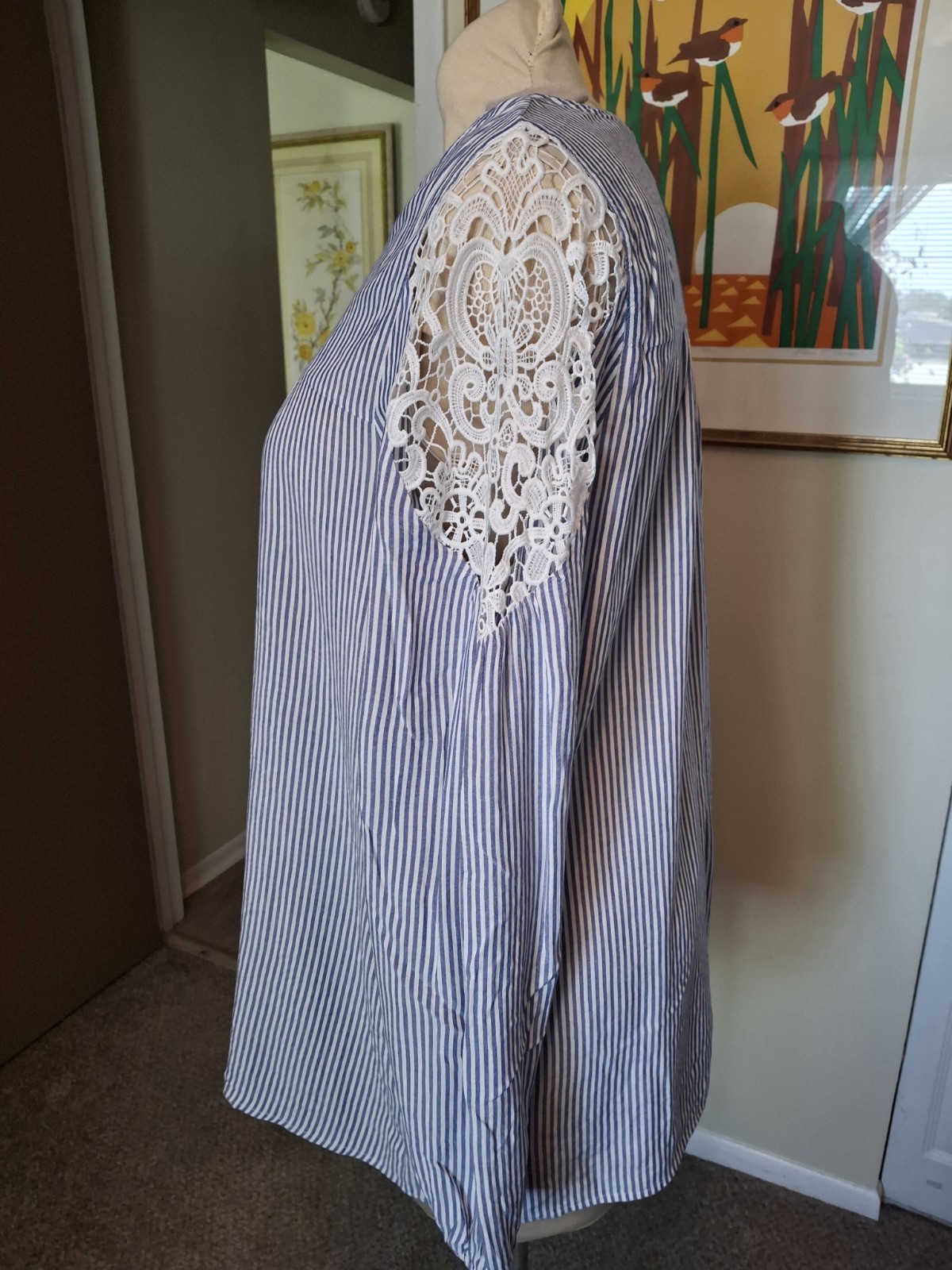 Lane Bryant Size 14/16 Top Long Sleeve Blue White Stripe Lace Insert Blouse