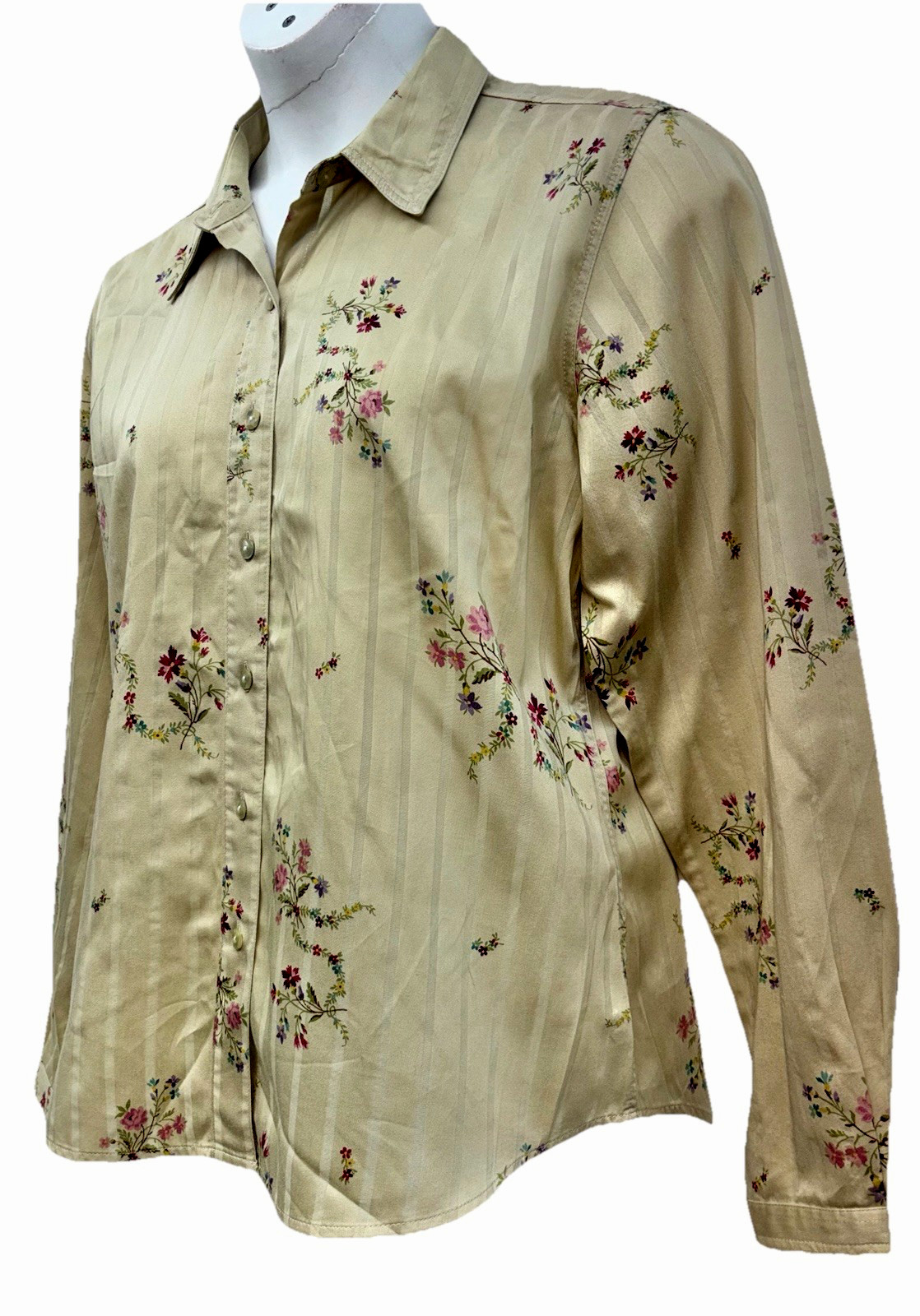 Liz Claiborne Lizwear Jeans Size L Button-Up Long Sleeve Top Tan Striped Floral