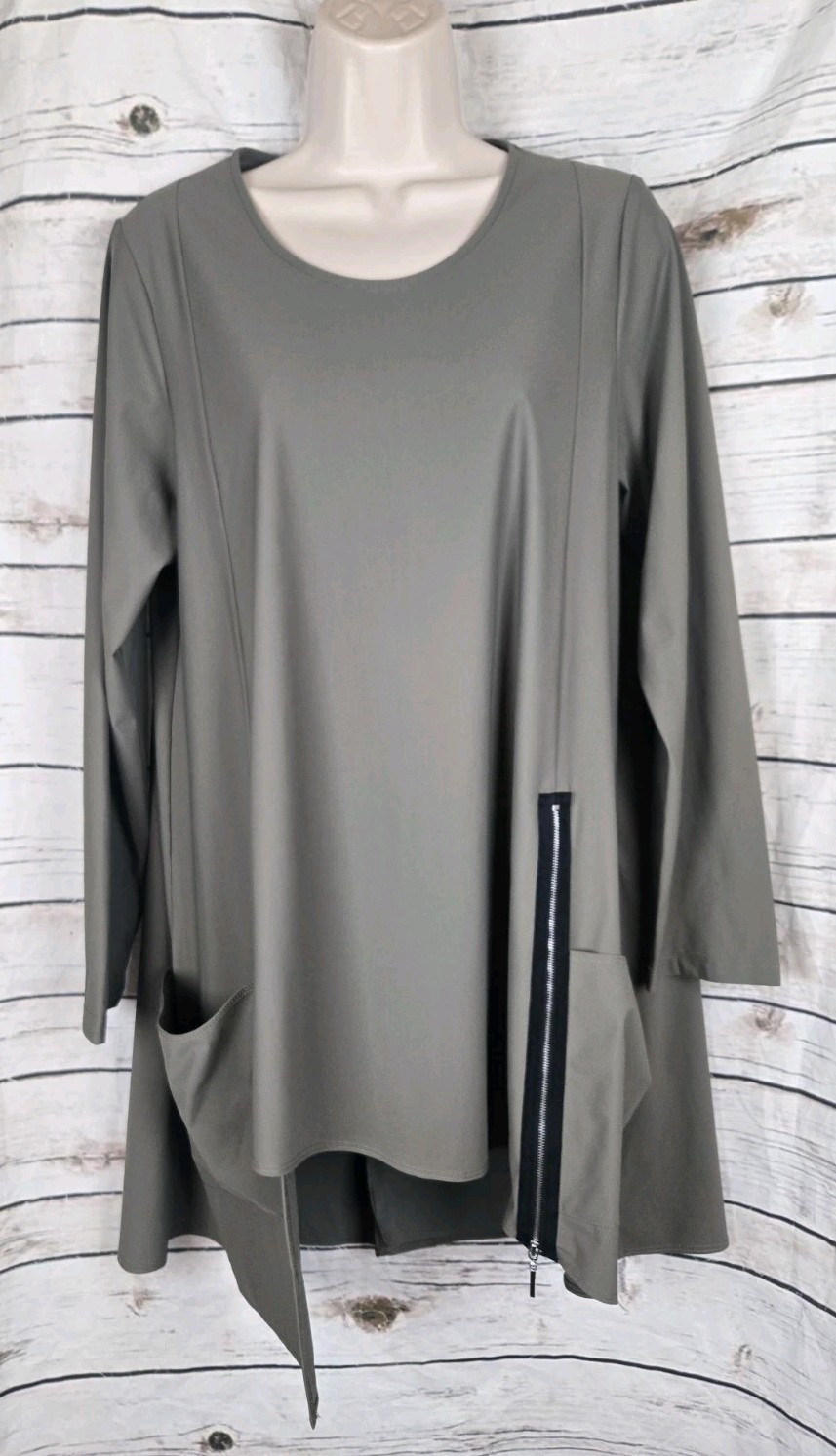 Jason by Comfy USA Olive Tunic Top M Nylon Blend Asymmetrical Zip Lagenlook