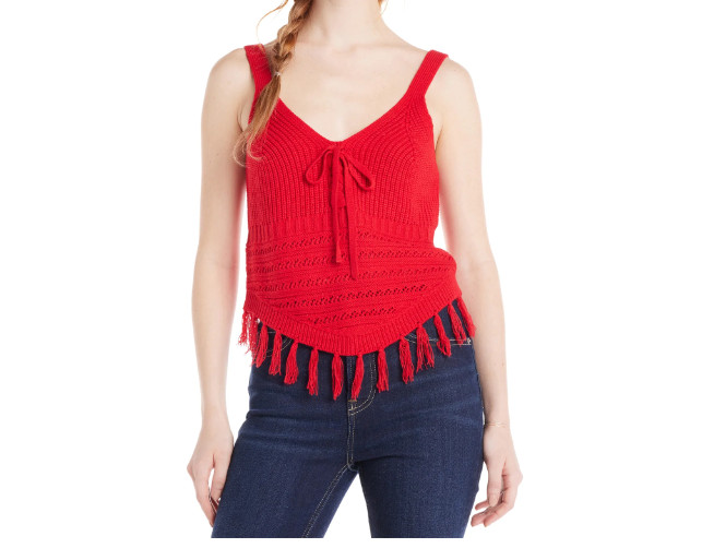 No Boundaries Juniors Sweater Tank Top with Fringe Hem Red Multisize NWT
