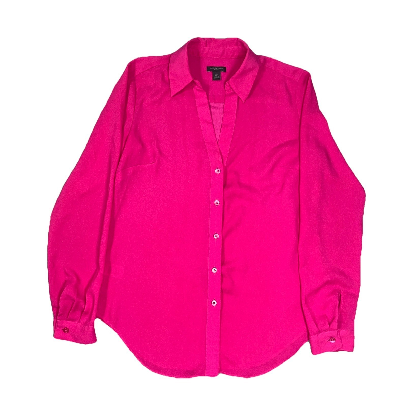 Ann Taylor Loft Womens Top XS Petite Hot Pink Fuchsia V-Neck Long Sleeve Shirt