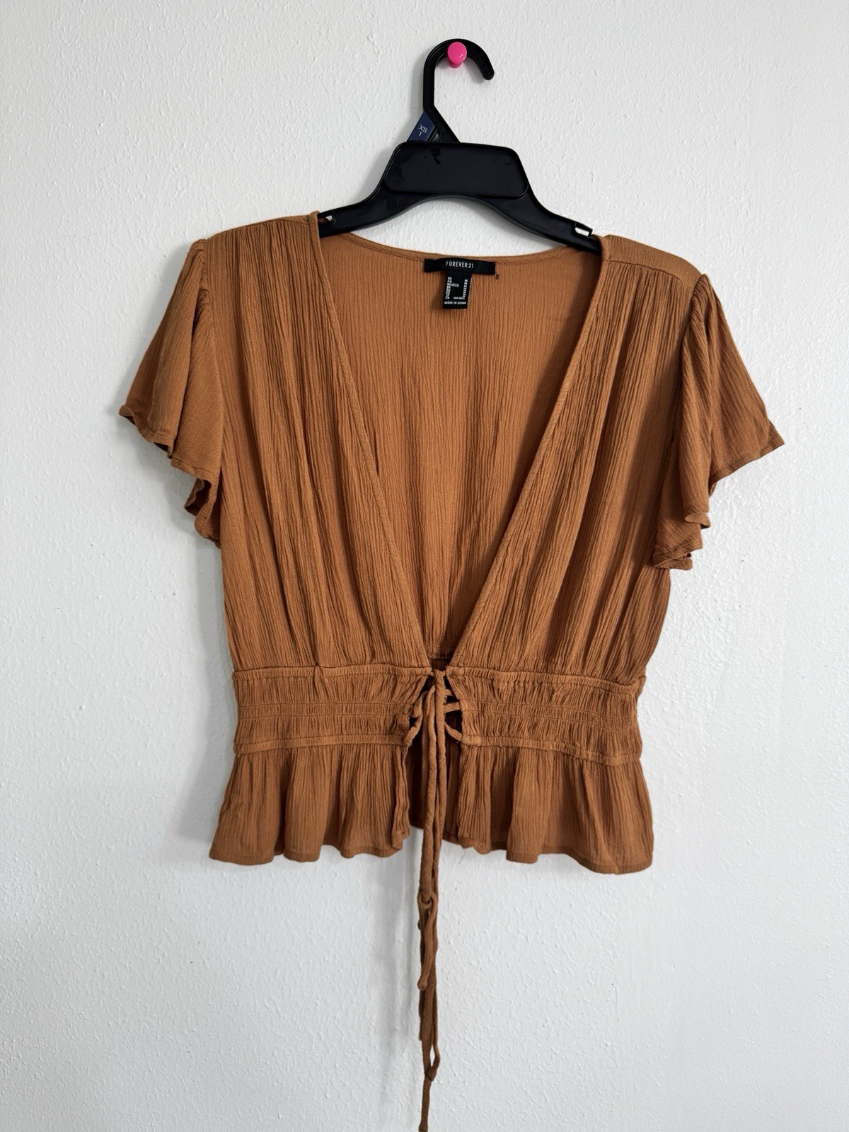 Forever 21 Rust Brown Plunge Neck Tie-Front Peplum Top Size Medium