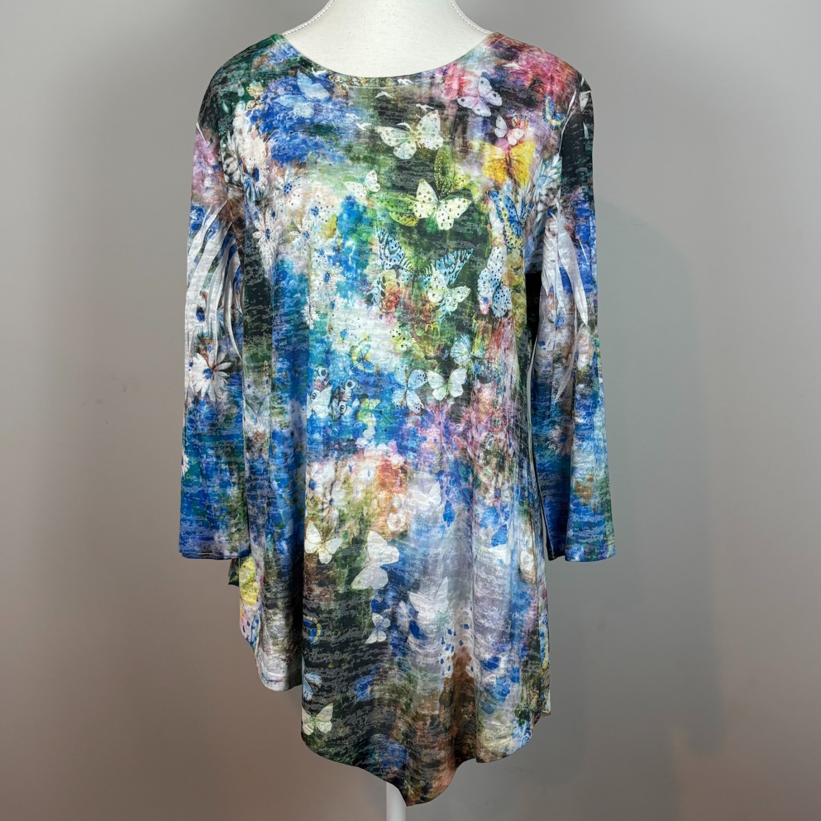 VTG Talk of the Walk Y2K Butterfly Rhinestone Asymmetric Tunic Fairy Top SM