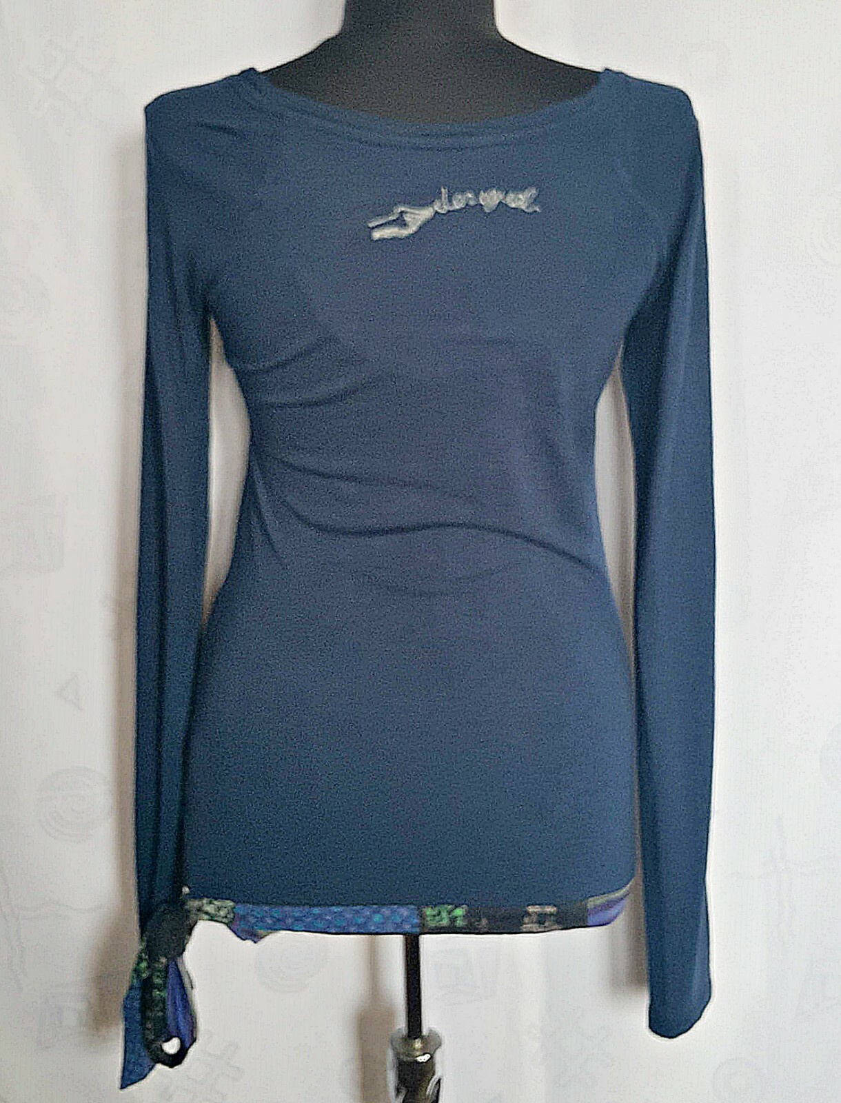 AUTHENTIC DESIGUAL APPLICATION EMBROIDERY BLUE WOMENS BLOUSE TUNIC SIZE US 4 XS