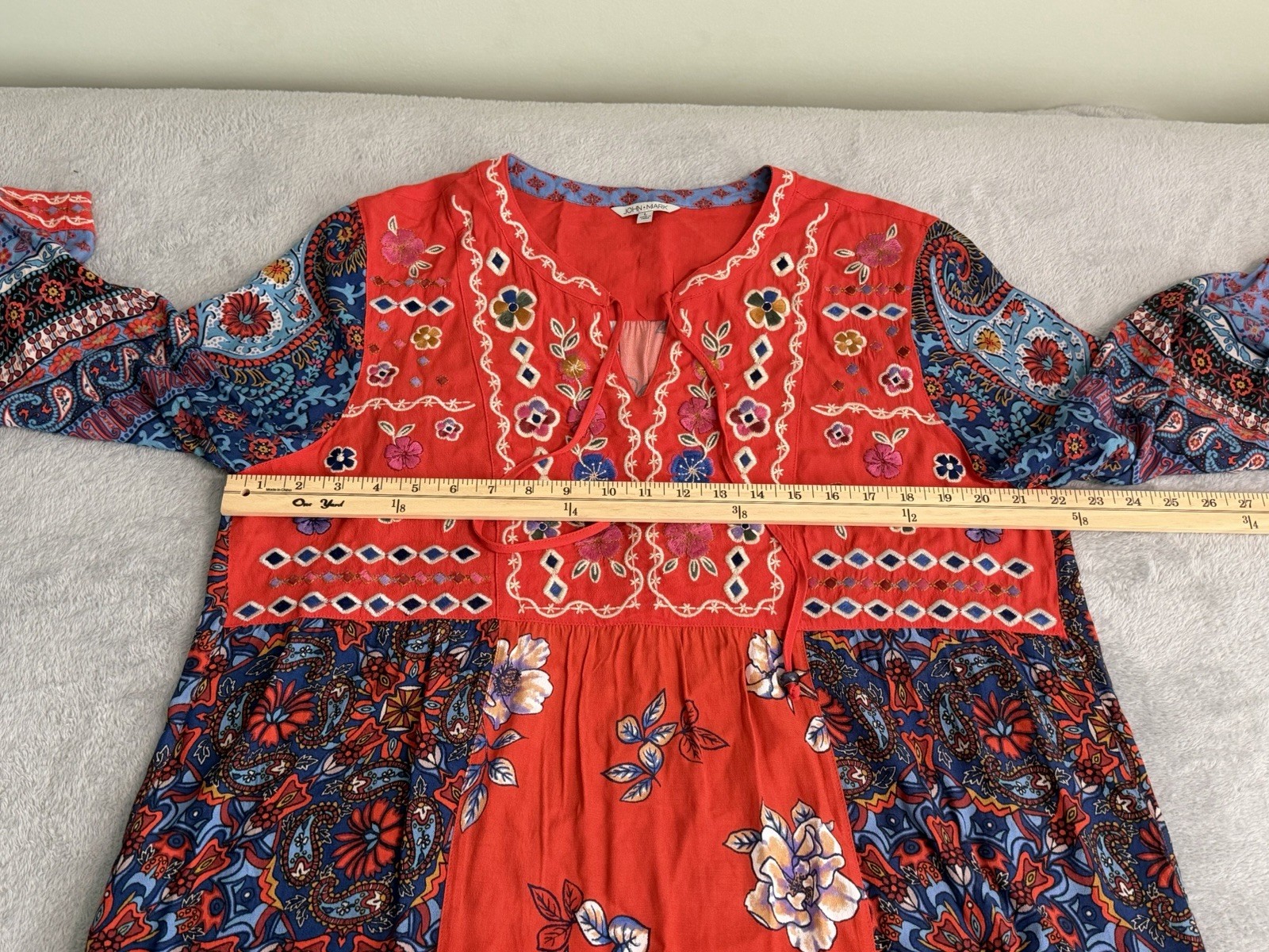 John Mark Embroidered Tie-Front Multi-Print Tunic Spice Red Blue Boho Size Large