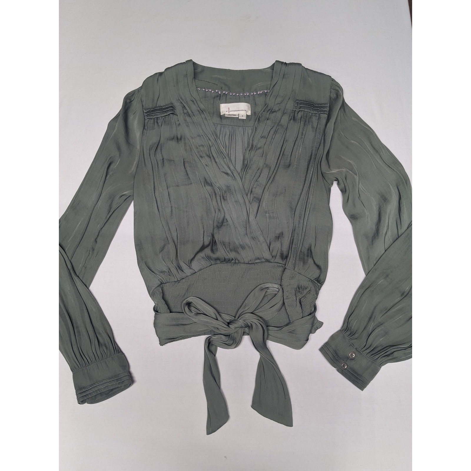 Anthropologie Sage Green Pleated Wrap Blouse Smocked Tie Waist V-Neck Small