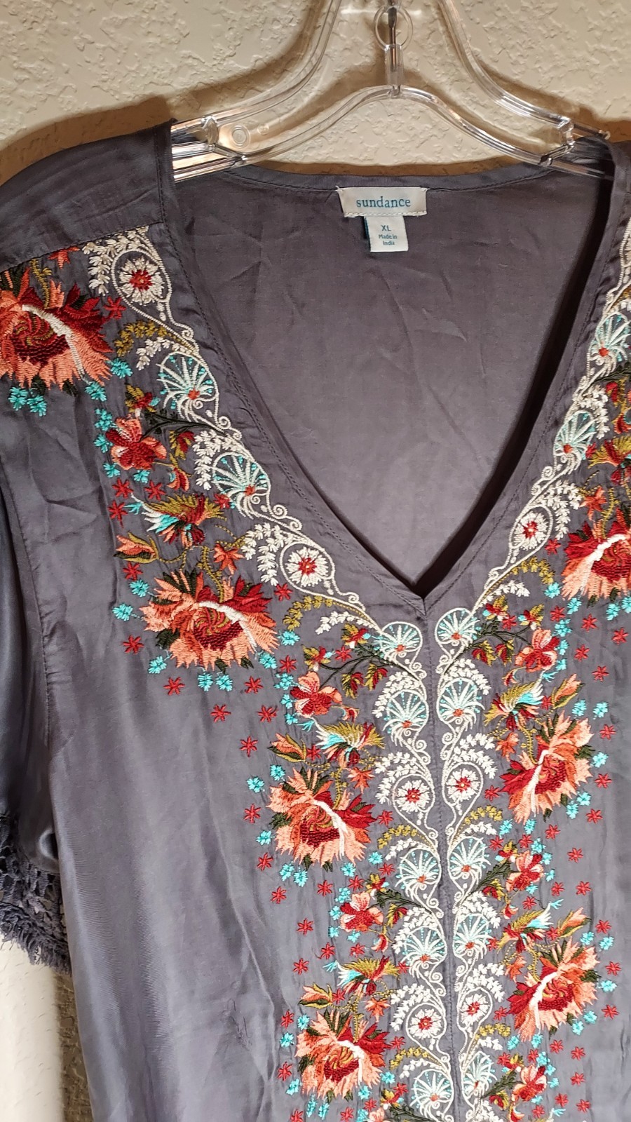 Sundance Dark Taupe Hand Wash Cupro Top With Rayon Embroidery and Cotton Lace