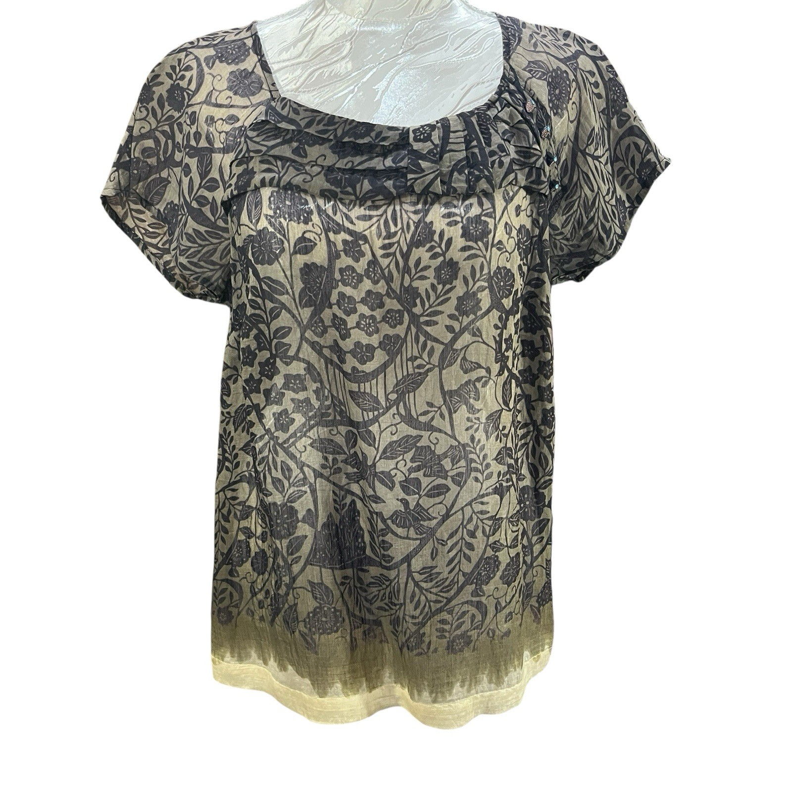 Anthropologie esme & esyllte Sz 6 Blouse Floral Bird Print Semi Sheer Nature