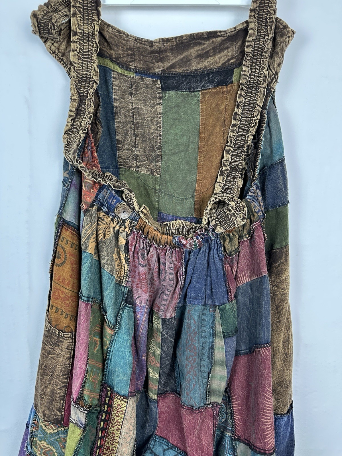Multicolor BOHO Patchwork Cotton Wide-Leg Bib Overall Ruffle Straps Pockets Plus