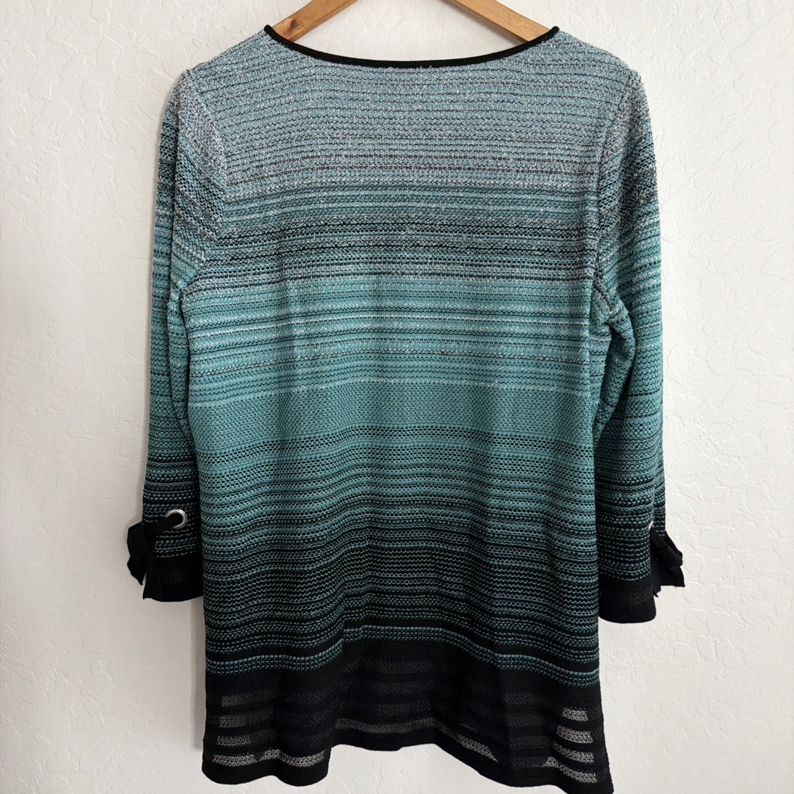 Ming Wang Teal Black Gray Ombré Striped M Knit Tunic Top 3/4 Sleeve Classic Chic