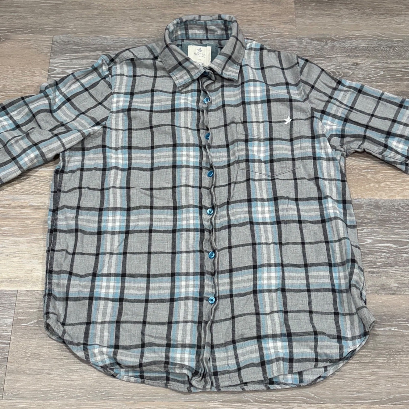 Aerie Womens Grey Blue Plaid Flannel Button Down Shirt Size LG Long Sleeve