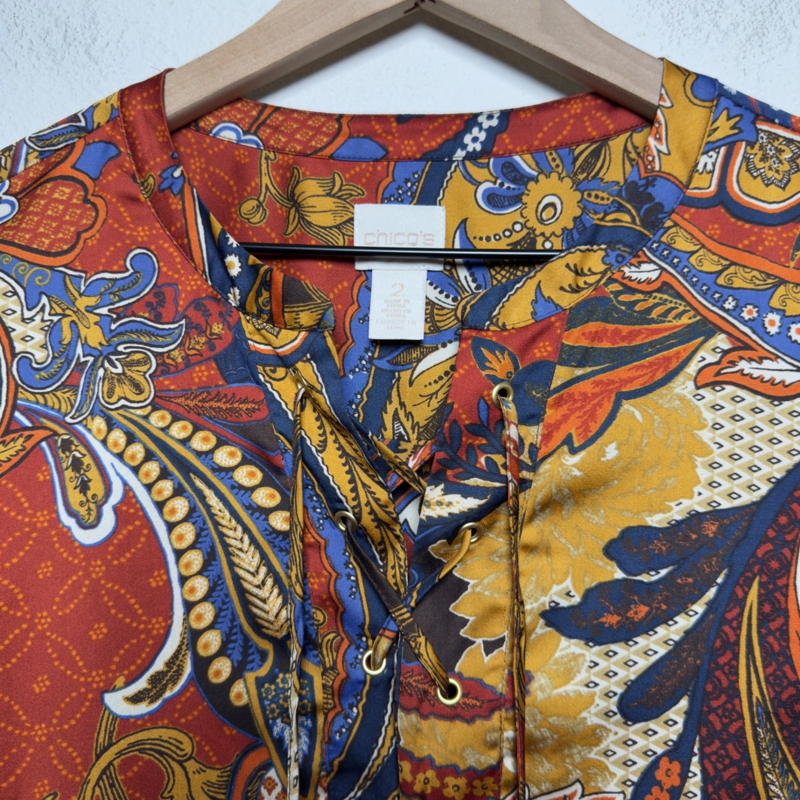 Chico’s Women Tunic Top Large Multicolor Paisley Lace Up Asymmetrical Lagenlook