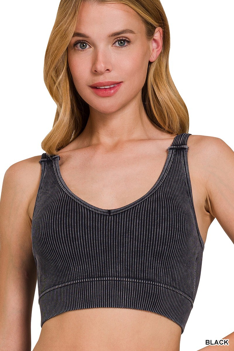 Zenana Ribbed Stone Wash V Neck Bralette PADDED Crop S-XL 32A-40DD Style# 6275