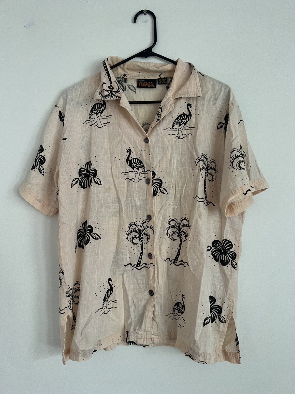 Indian Tropical Fashion Button Up Shirt Womens Blouse Pink Beach Print Medium