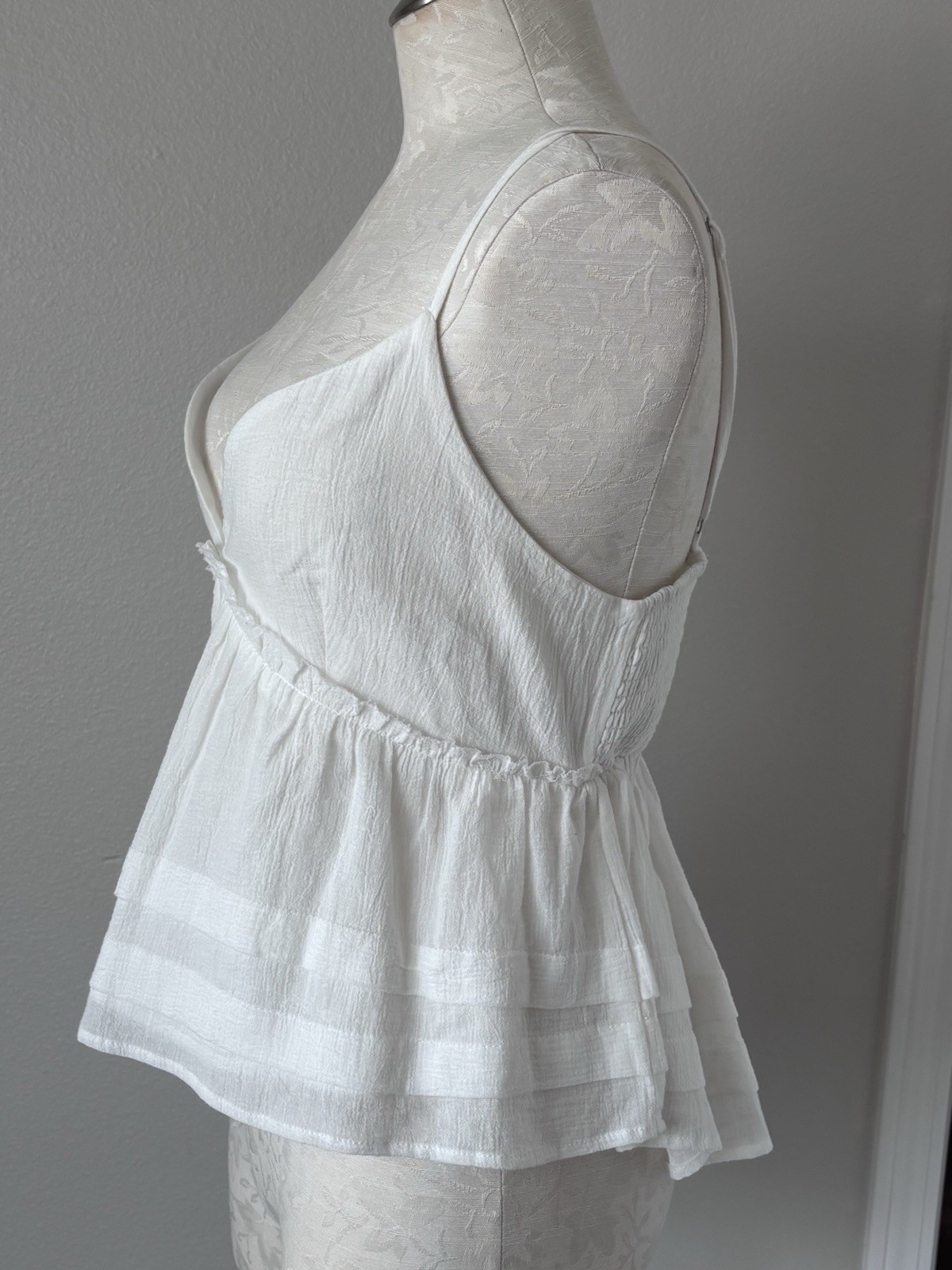 Altar’d State White V Neck Camisole Top Smocked Back Strap Ruffle Gauzy Large