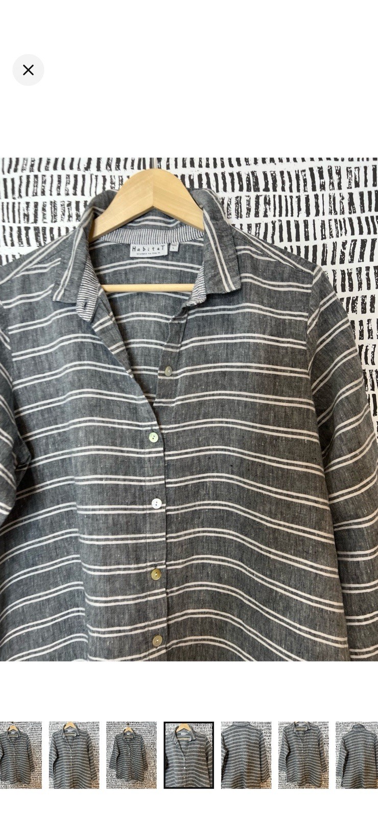 Habitat Gray White Striped Button-Up Collared 3/4 Sleeve Cotton Woven Top L