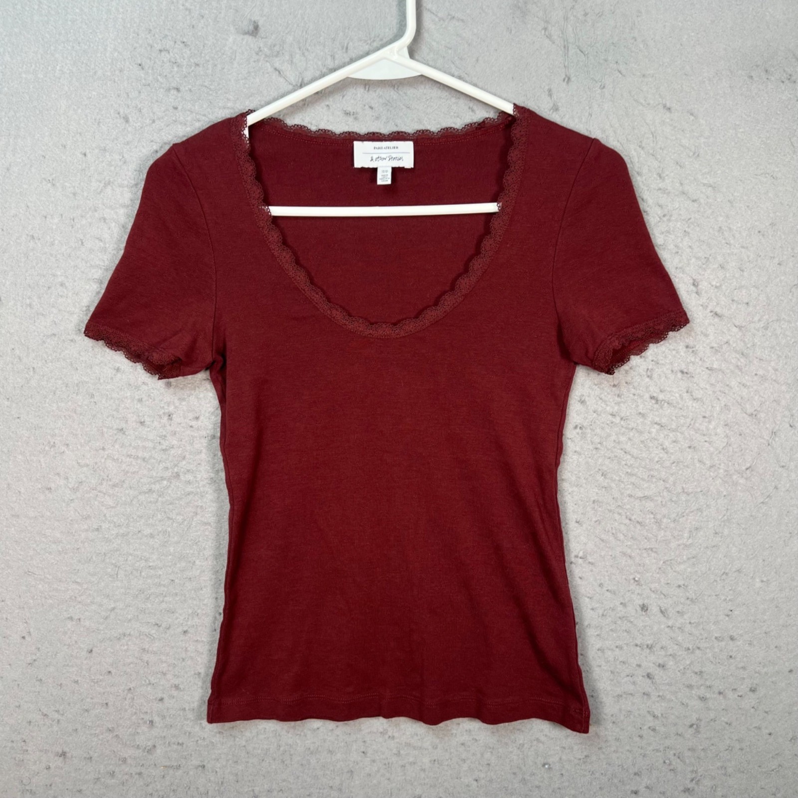 Paris Atelier & Other Stories XS Maroon Lace Trim Scoop Neck T-Shirt 100% Cotton
