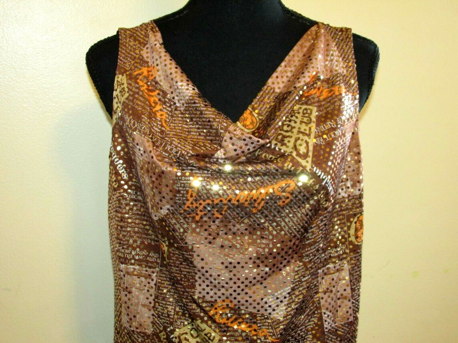 NEW MIXIT Crossover Blouse Women Medium Brown Gold Graphics Stretch VTG 90’s Y2K