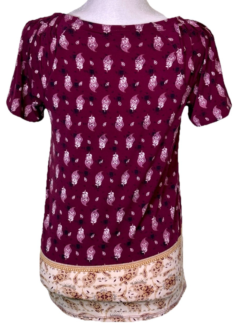 Women’s Festival Boho Peasant Blouse Burgundy Paisley Relaxed Fit Tunic Sz Sm