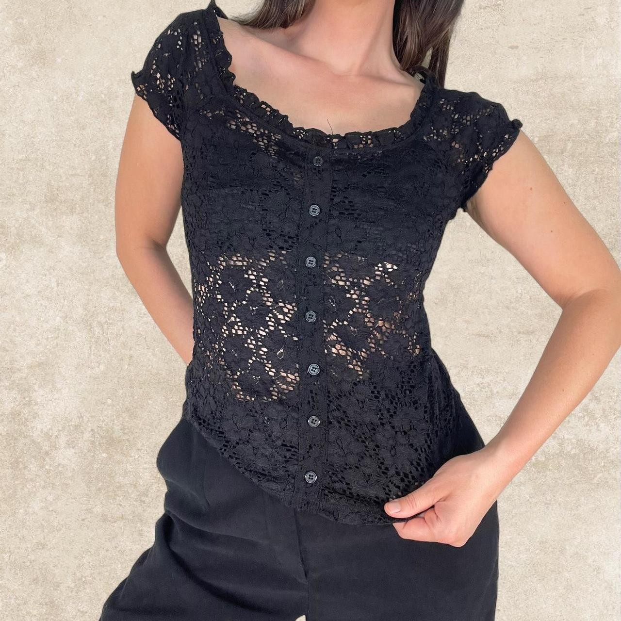 Vintage 2000s Y2K Black Lace Mesh Button Front Shirt Ruffle Sleeve Whimsigoth