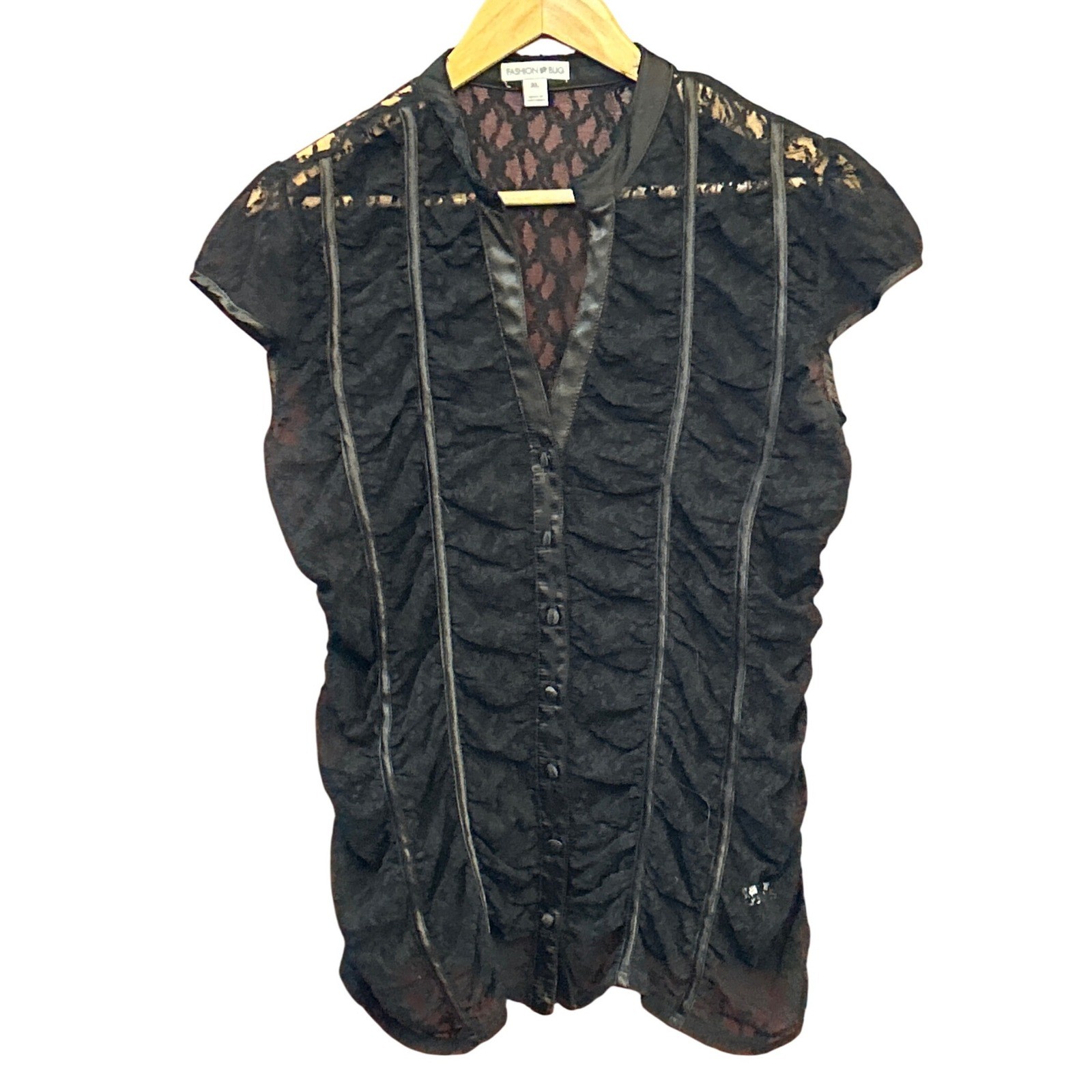 “Fashion Bug Black Lace Ruched Blouse XL Sheer Button Top Goth Evening Party”