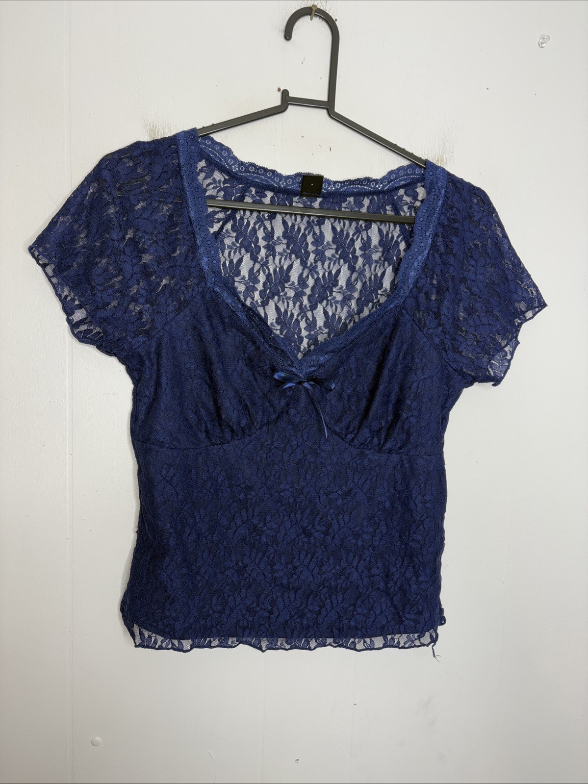 Womens Top Medium Lace Babydoll Sheer Sleeves Lined Lightweight Blue Feminine