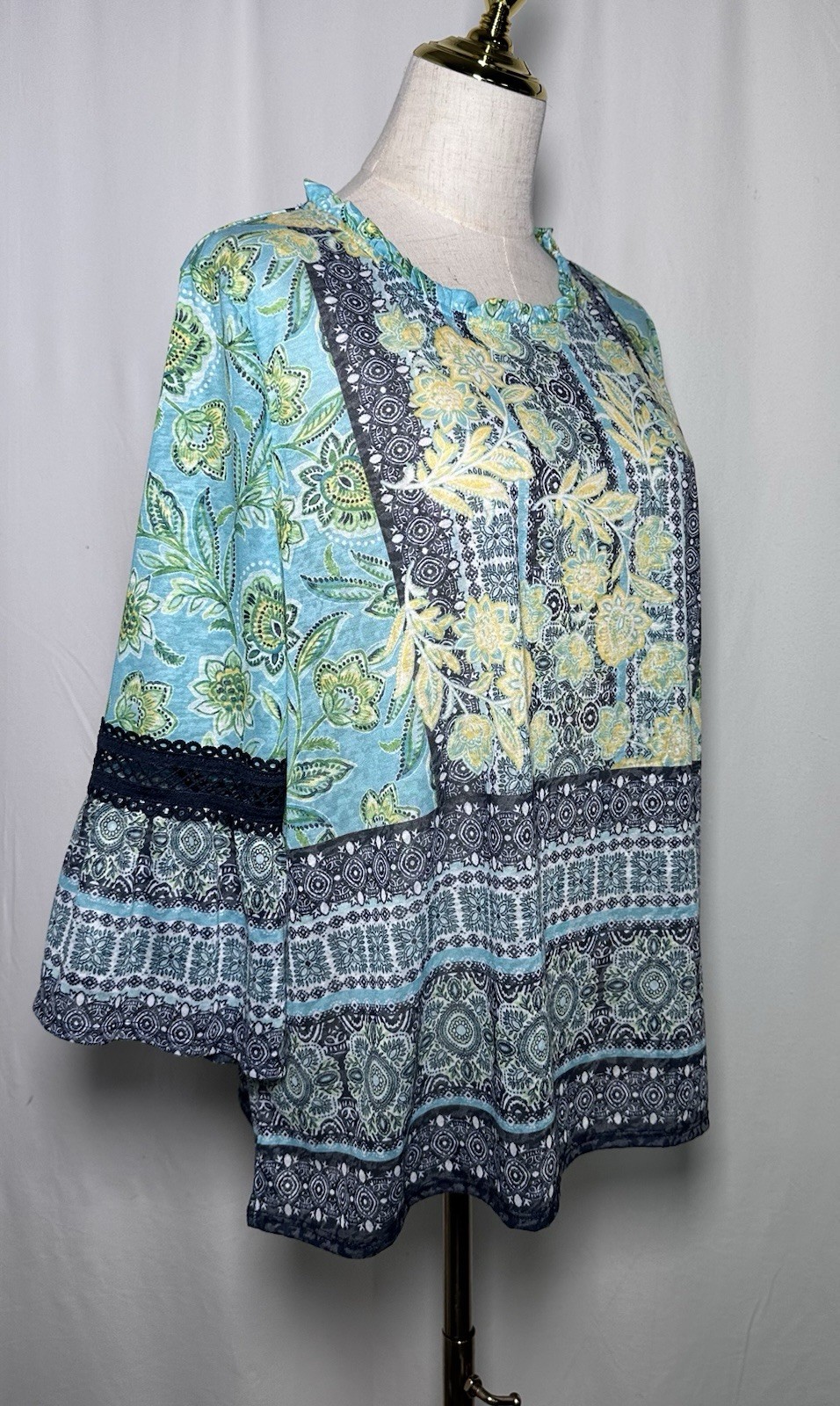 Ruby Rd Top Shirt Blouse Women PXL Petite 3/4 Bell Sleeve Embroidered Green Blue