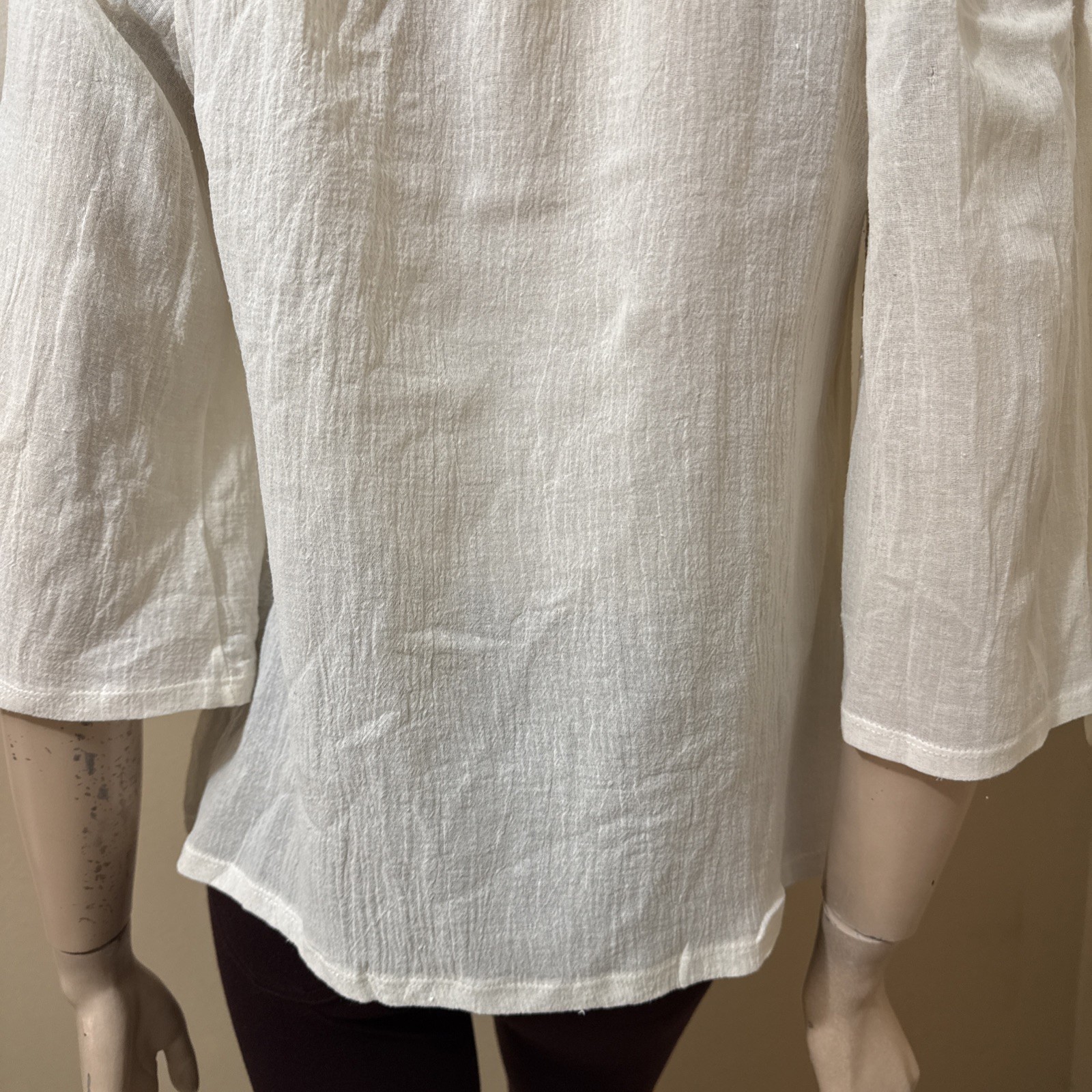 Women’s Ivory Cotton Casual Boho Lace Long Sleeve Slit Tied Size M Blouse Top