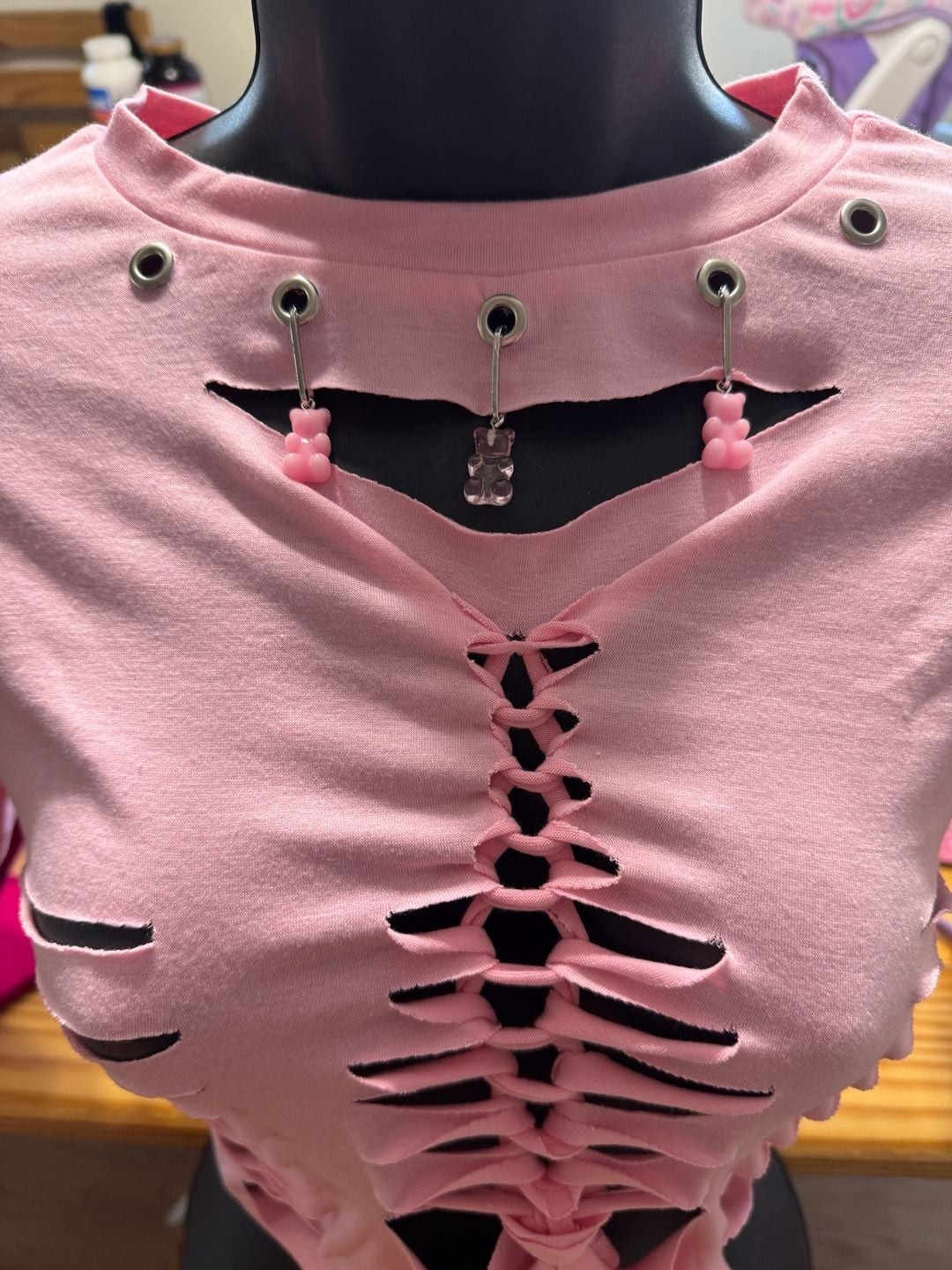 Customized Pink Distressed Grunge Style Cut-Out Crop Top with Gummy Bear Charms
